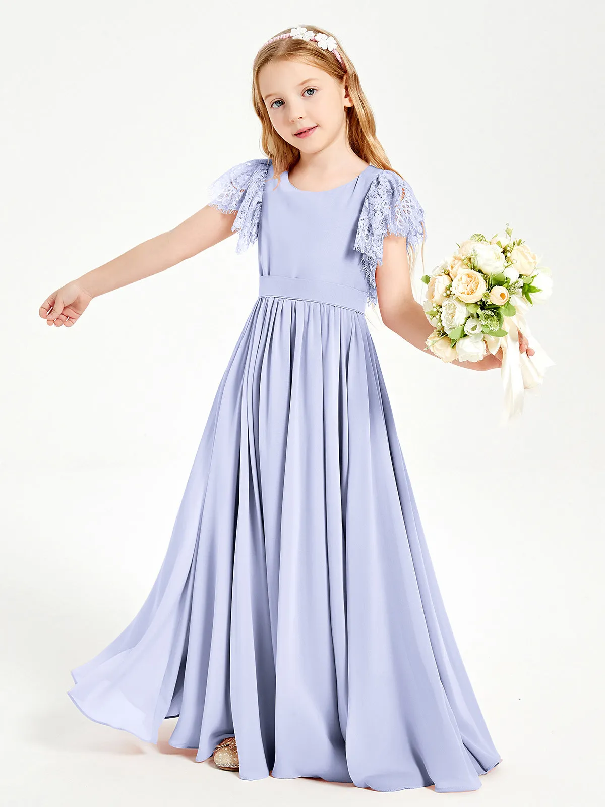 Chiffon Junior Bridesmaid Dresses Lace Flutter Sleeves Scoop Neck Lavender