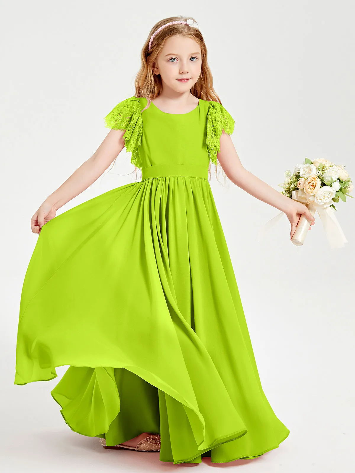 Chiffon Junior Bridesmaid Dresses Lace Flutter Sleeves Scoop Neck Lime Green