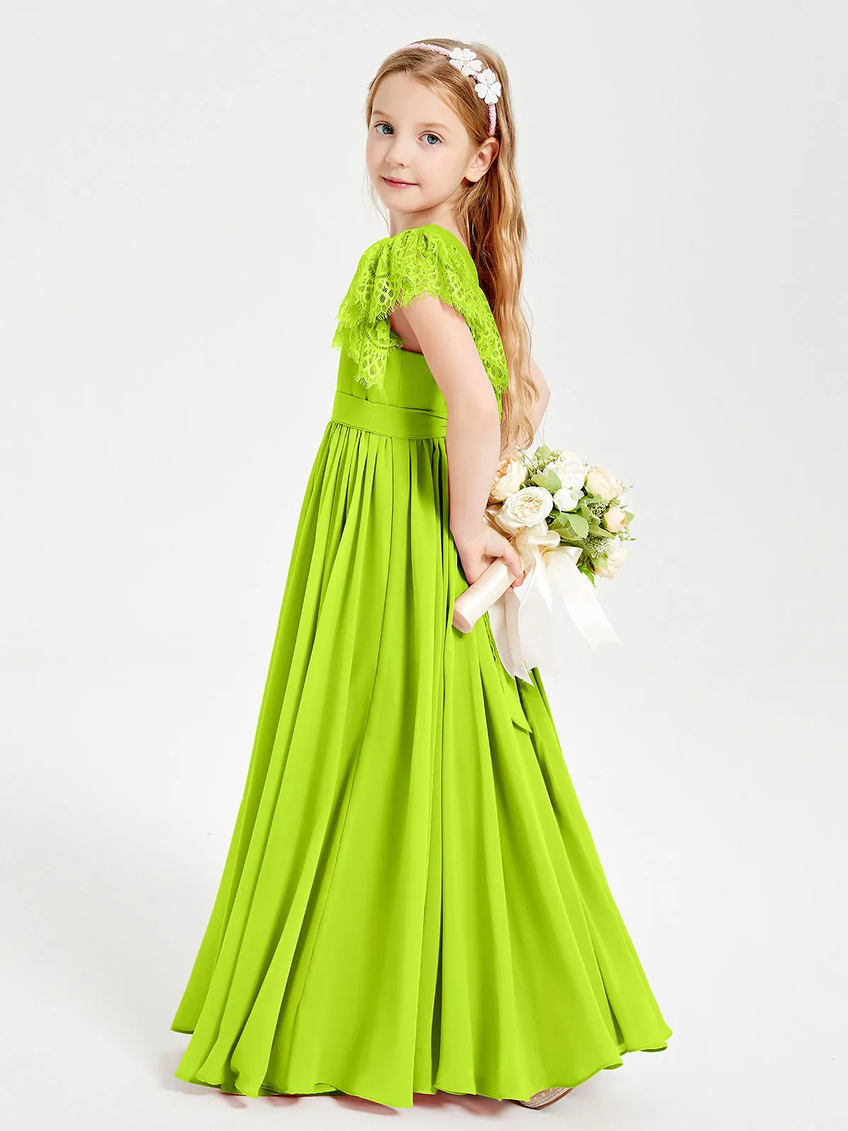 Chiffon Junior Bridesmaid Dresses Lace Flutter Sleeves Scoop Neck Lime Green