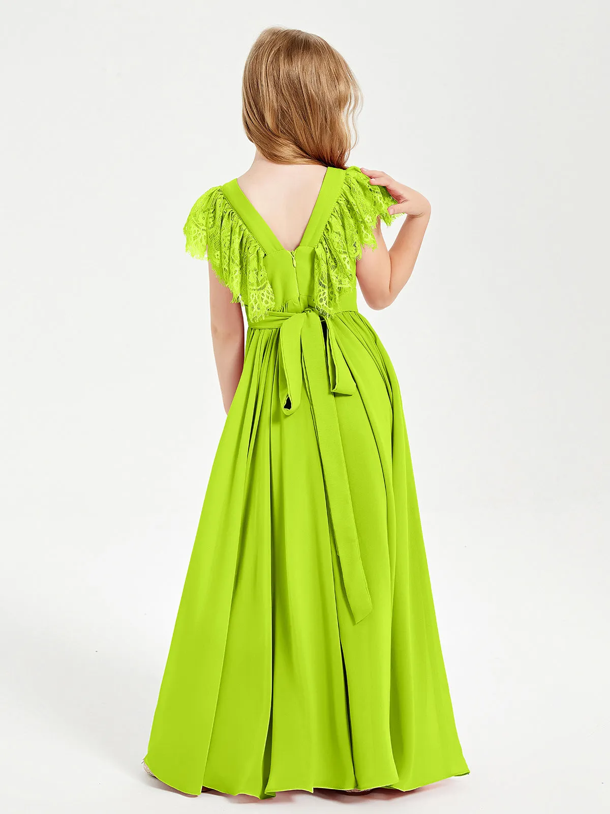 Chiffon Junior Bridesmaid Dresses Lace Flutter Sleeves Scoop Neck Lime Green