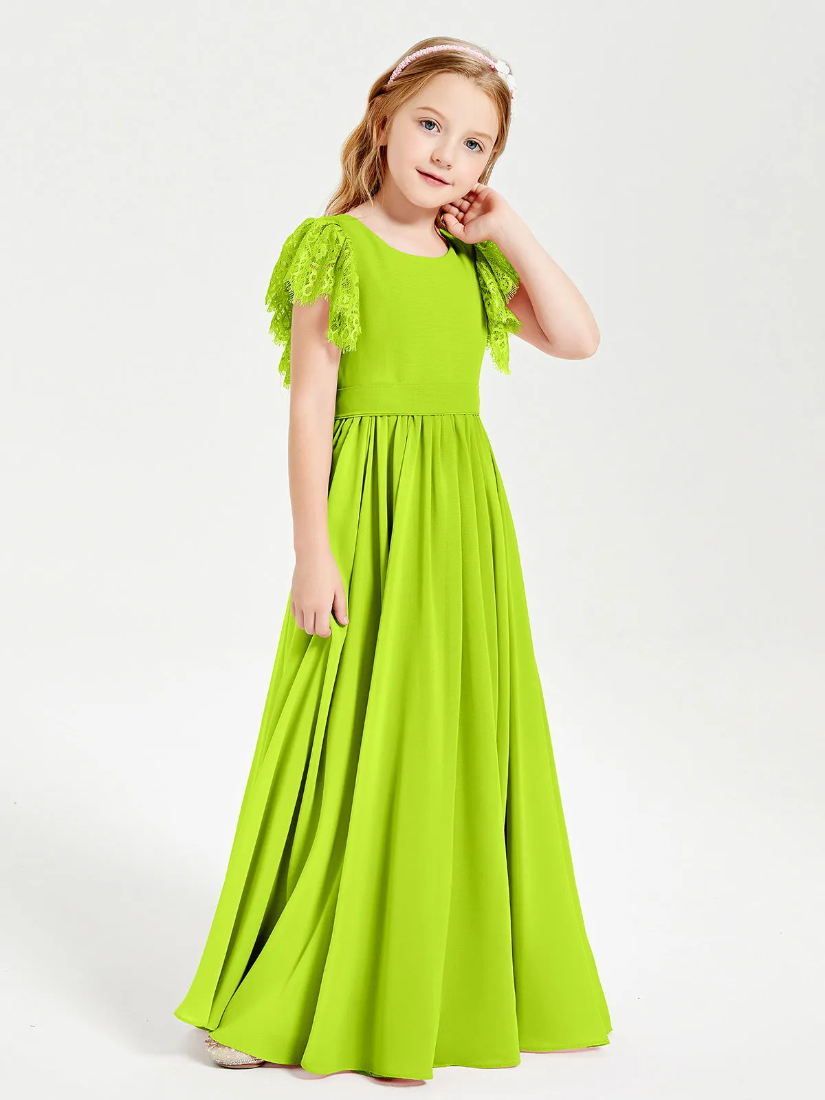 Chiffon Junior Bridesmaid Dresses Lace Flutter Sleeves Scoop Neck Lime Green