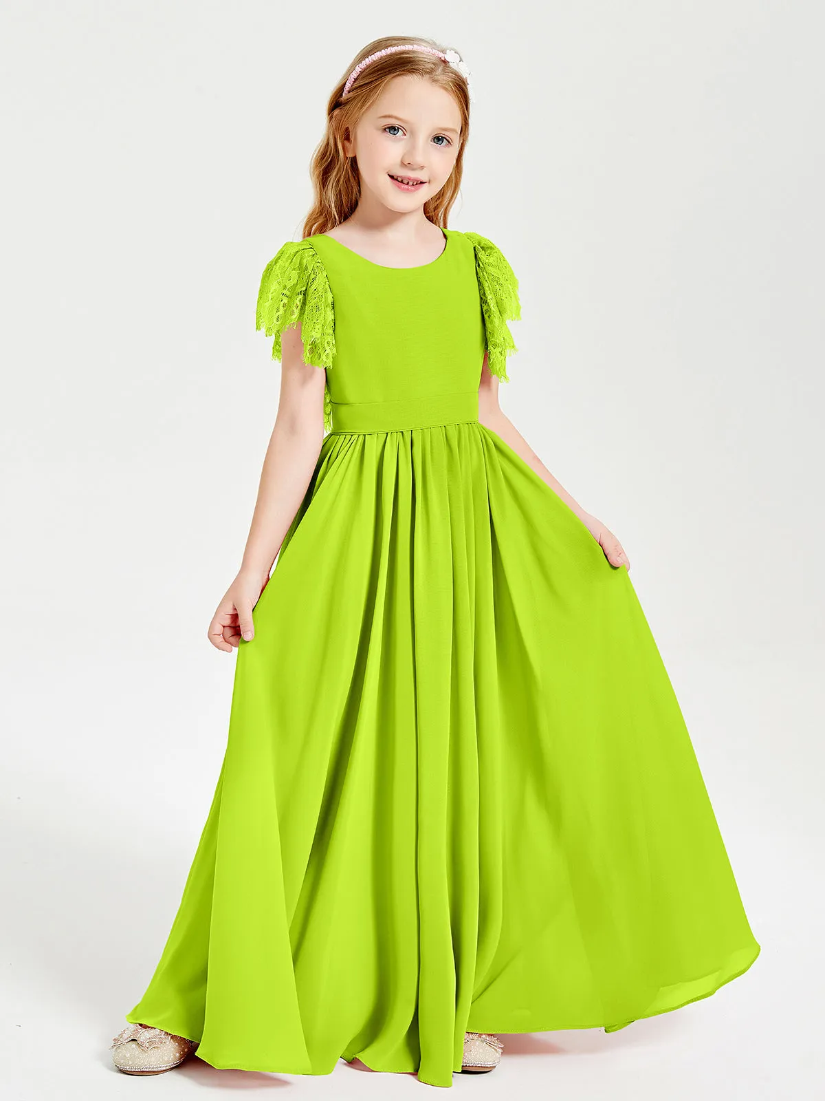 Chiffon Junior Bridesmaid Dresses Lace Flutter Sleeves Scoop Neck Lime Green