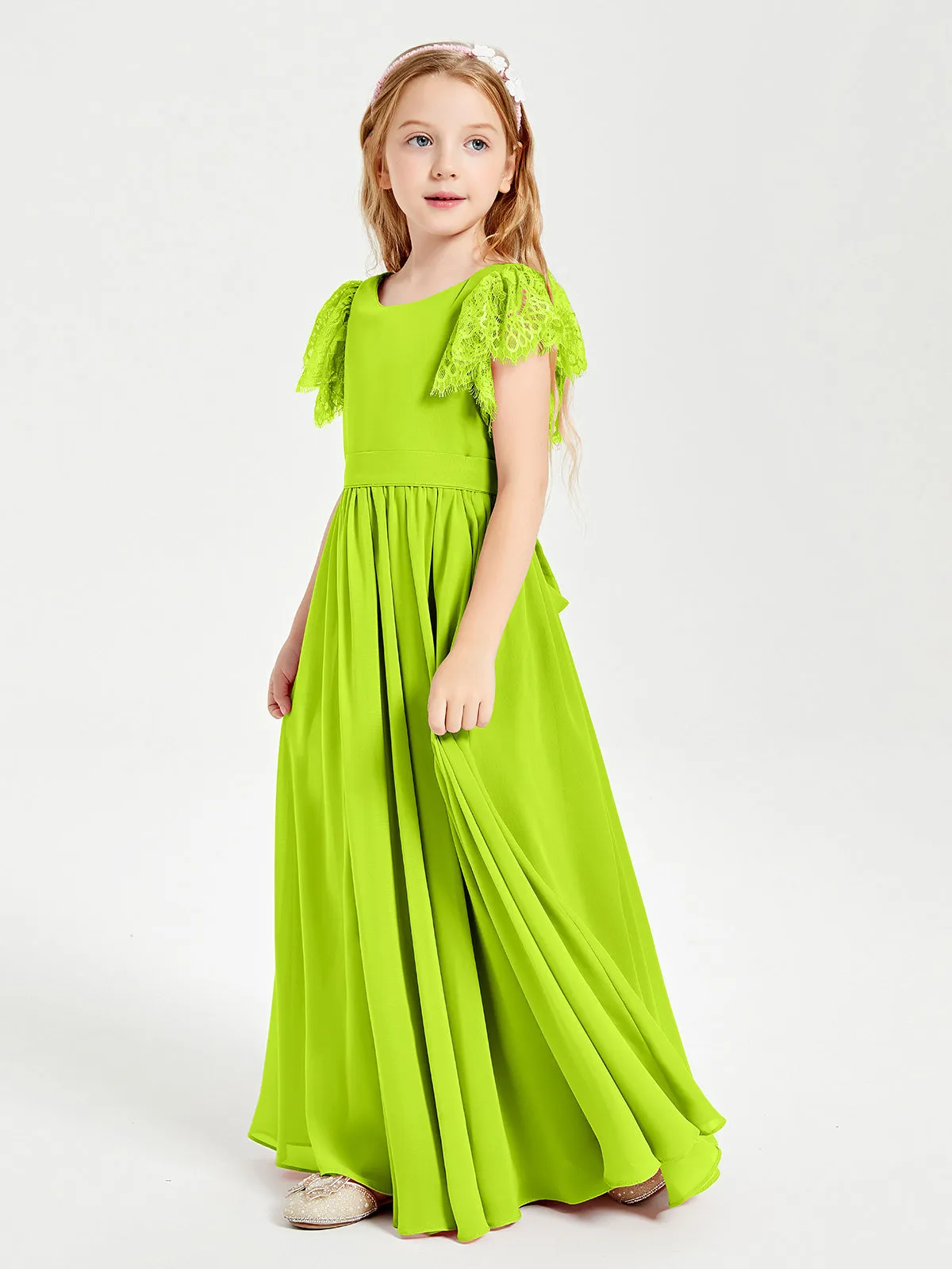 Chiffon Junior Bridesmaid Dresses Lace Flutter Sleeves Scoop Neck Lime Green