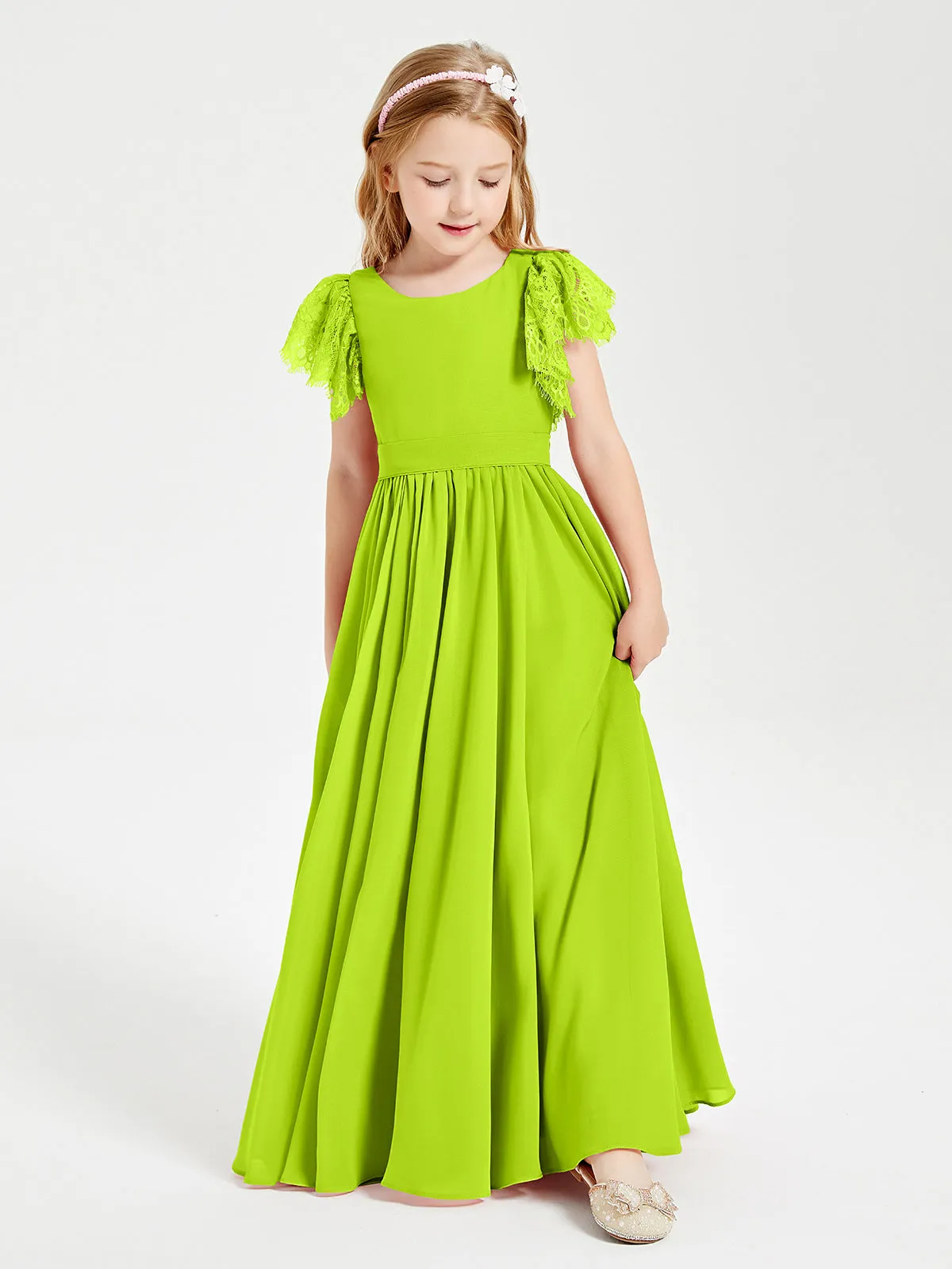 Chiffon Junior Bridesmaid Dresses Lace Flutter Sleeves Scoop Neck Lime Green