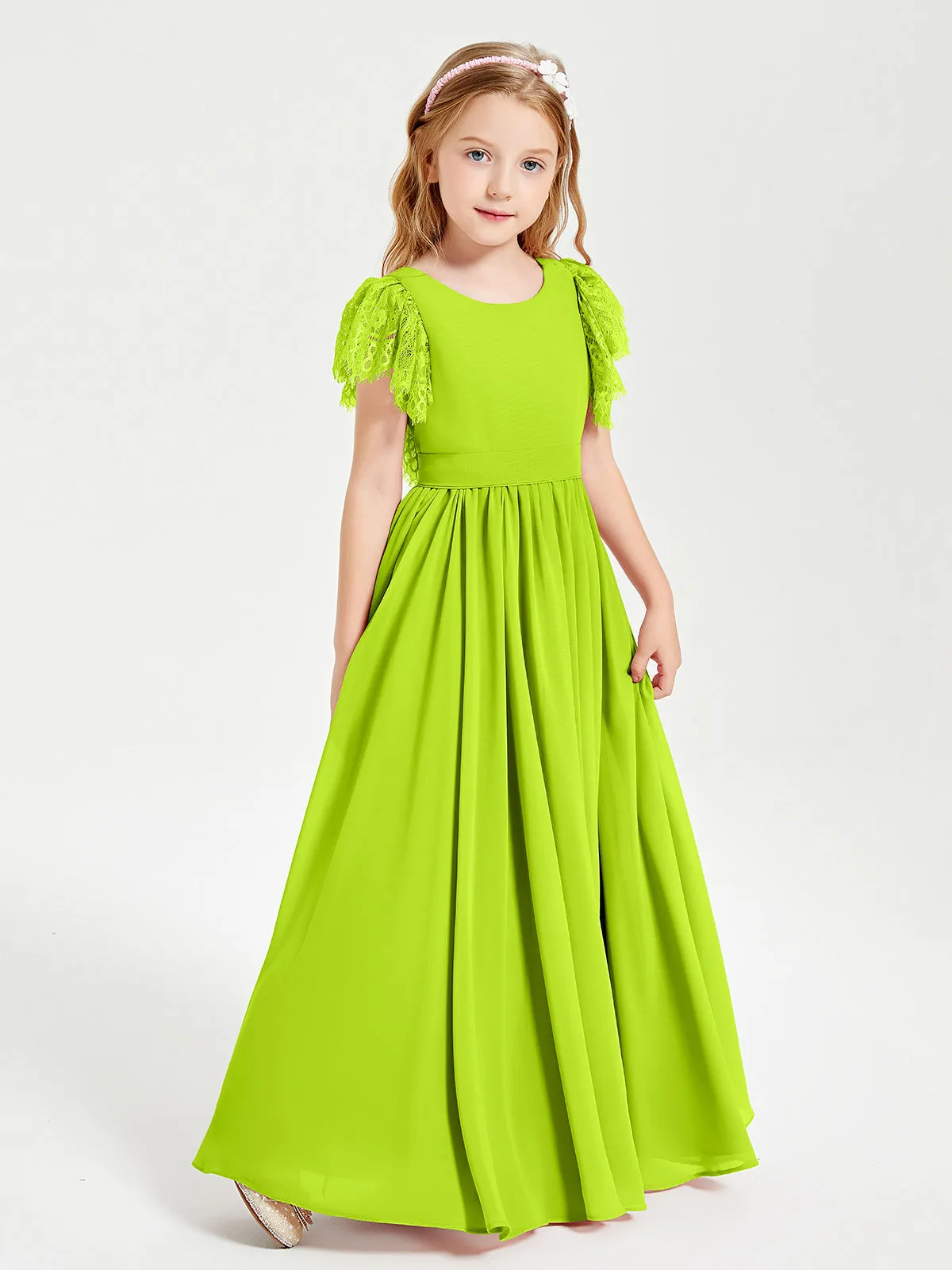 Chiffon Junior Bridesmaid Dresses Lace Flutter Sleeves Scoop Neck Lime Green