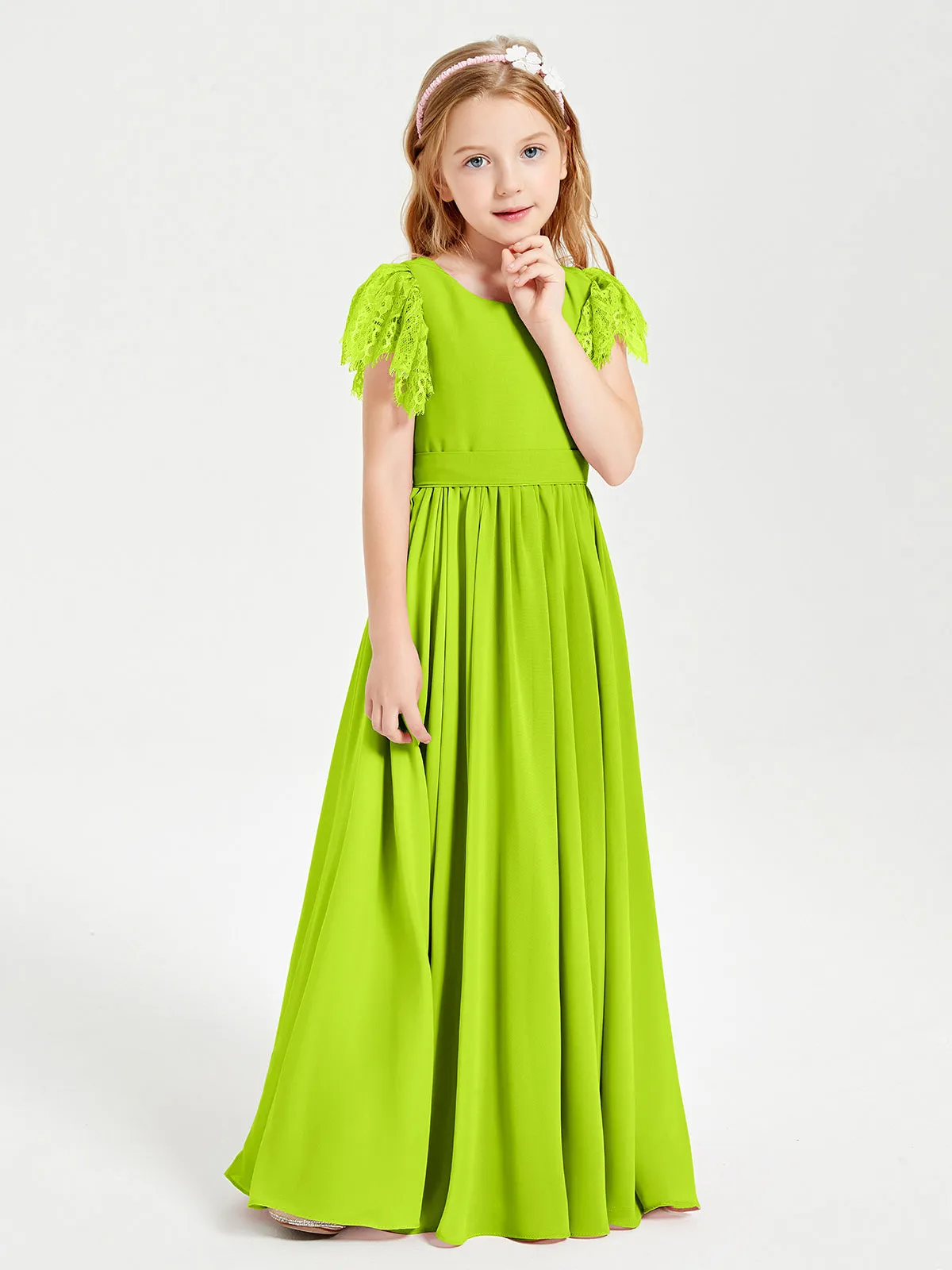 Chiffon Junior Bridesmaid Dresses Lace Flutter Sleeves Scoop Neck Lime Green