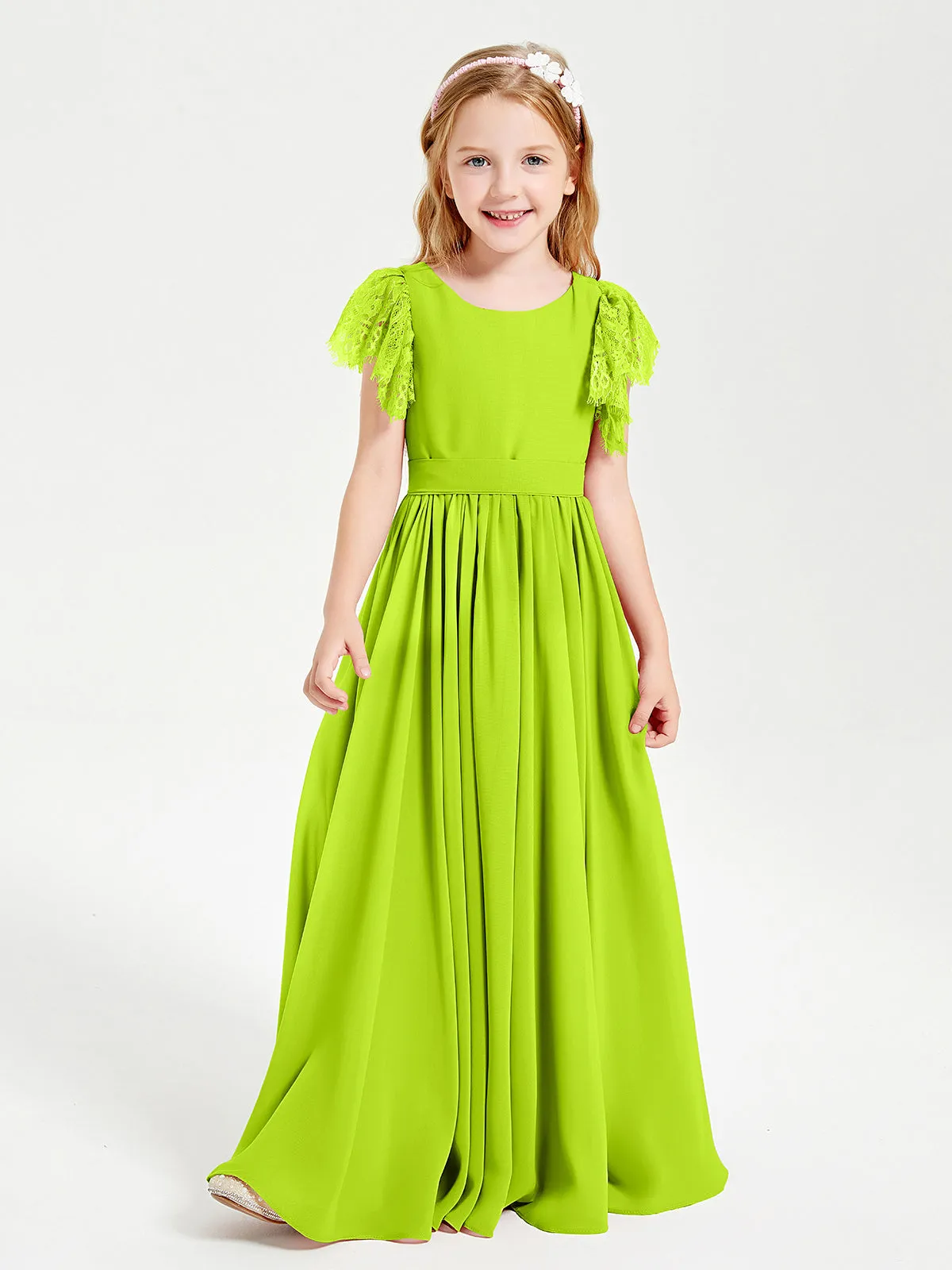 Chiffon Junior Bridesmaid Dresses Lace Flutter Sleeves Scoop Neck Lime Green