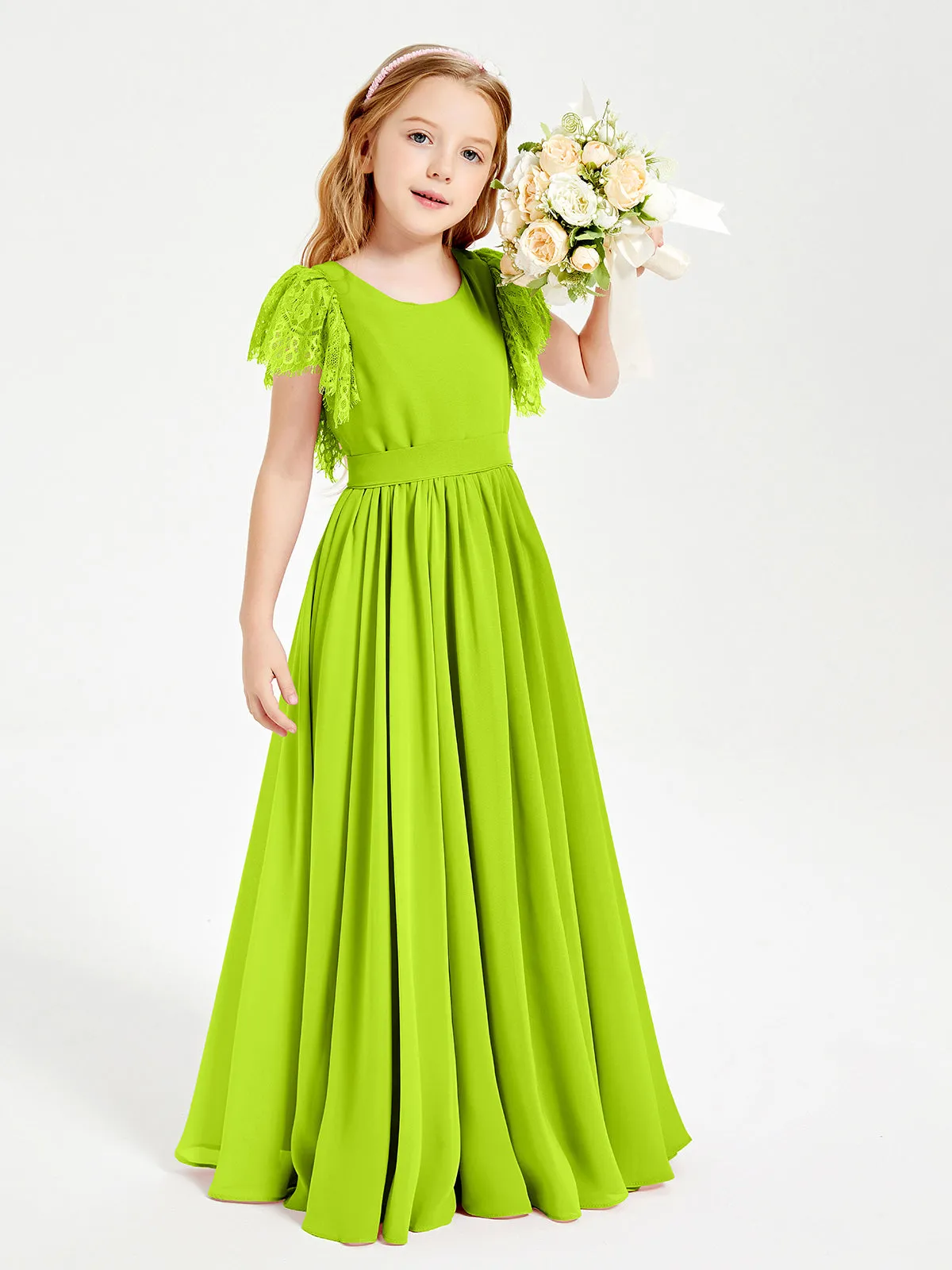 Chiffon Junior Bridesmaid Dresses Lace Flutter Sleeves Scoop Neck Lime Green