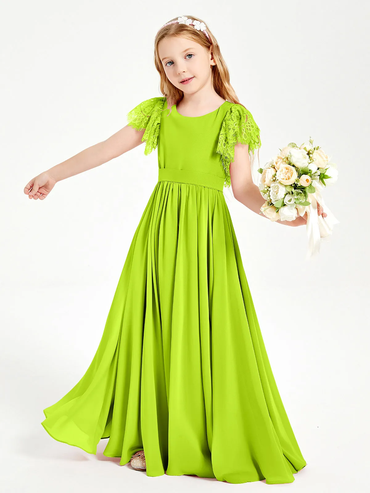 Chiffon Junior Bridesmaid Dresses Lace Flutter Sleeves Scoop Neck Lime Green