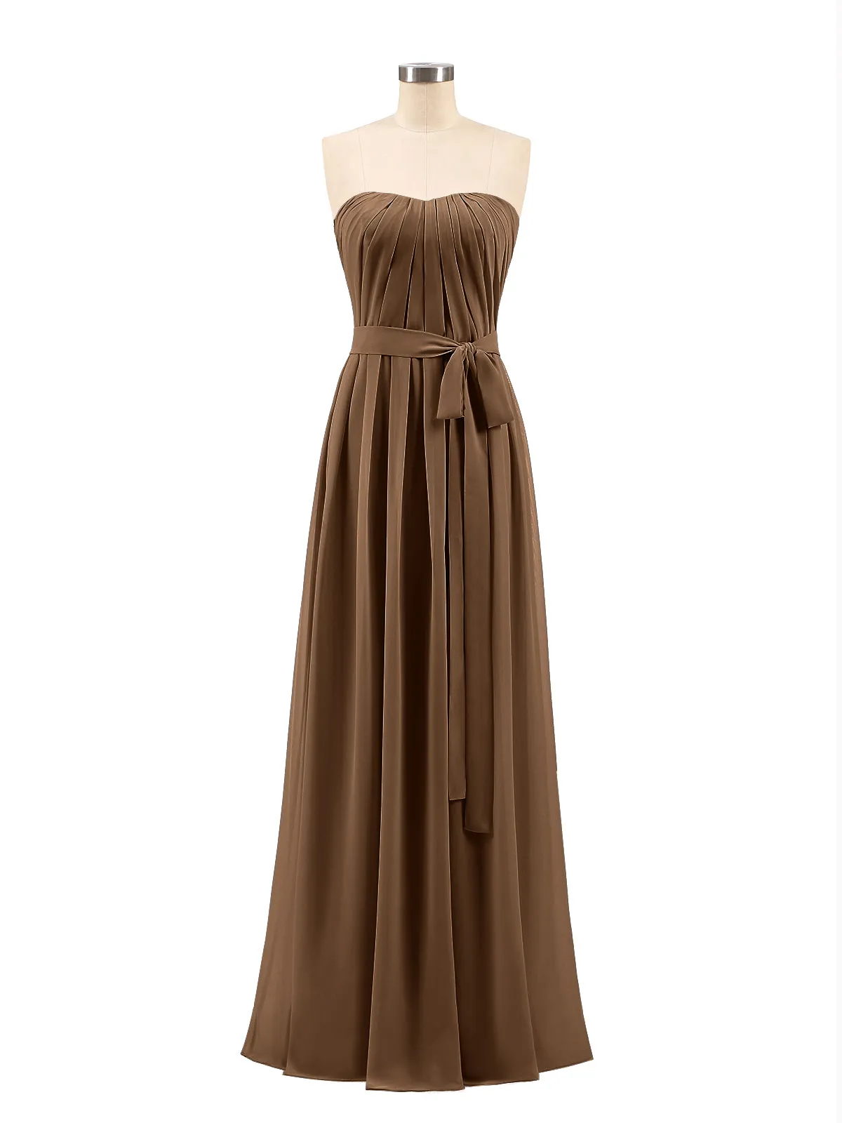 Chiffon Strapless Bridesmaid Gown with Sash-Brown Plus Size