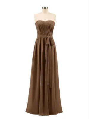 Chiffon Strapless Bridesmaid Gown with Sash-Brown Plus Size