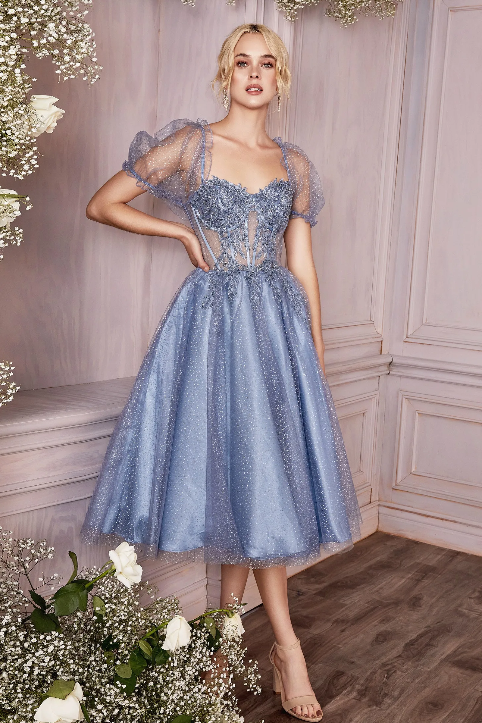 CINDERELLA DIVINE CD0187 A-Line Tea Length Dress