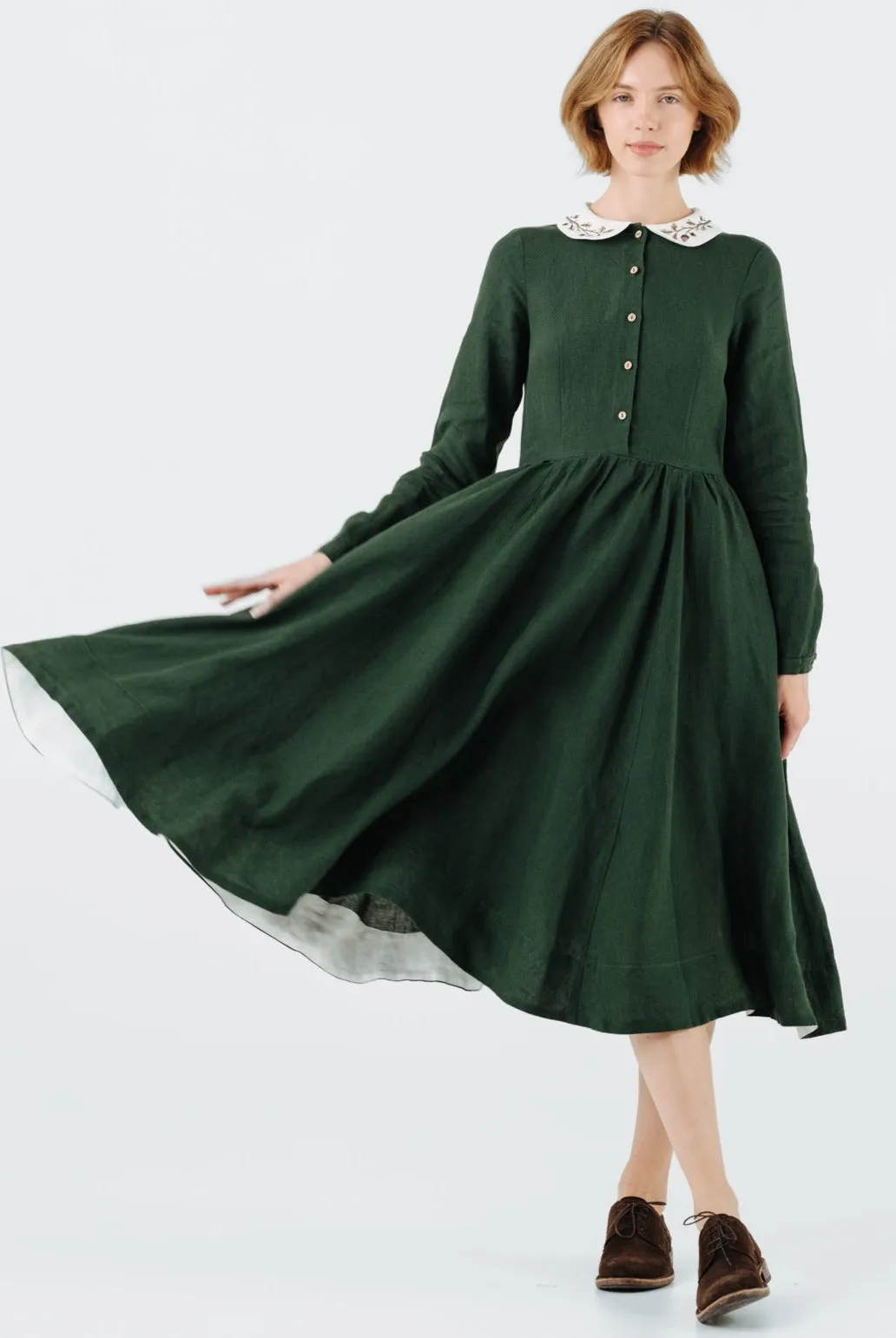 Classic Dress with Embroidered Hazelnut Collar, Long Sleeve