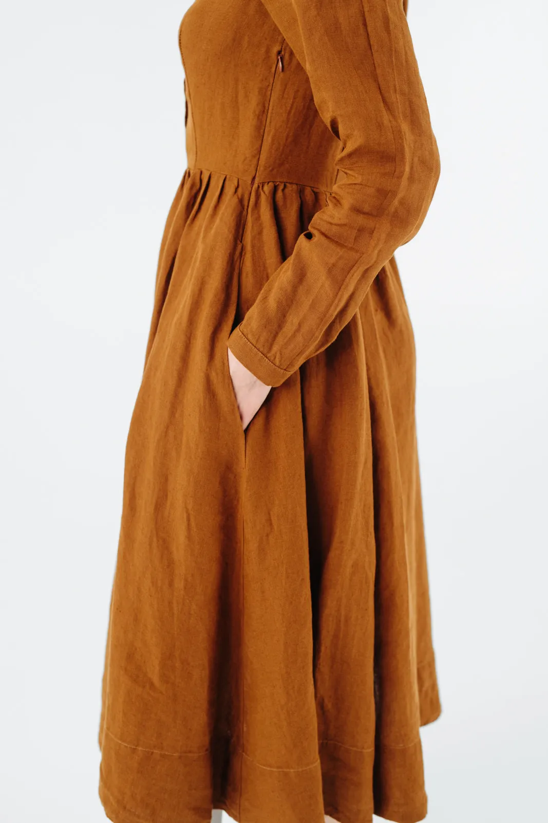 Classic Dress with Embroidered Hazelnut Collar, Long Sleeve