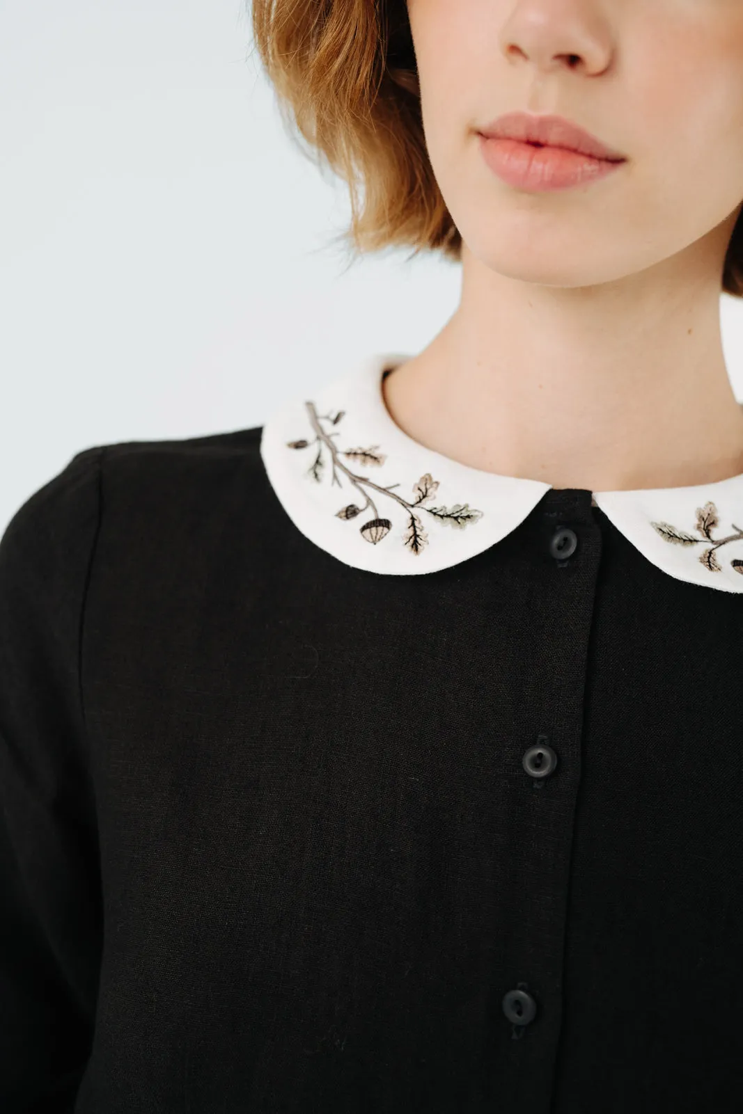 Classic Dress with Embroidered Hazelnut Collar, Long Sleeve