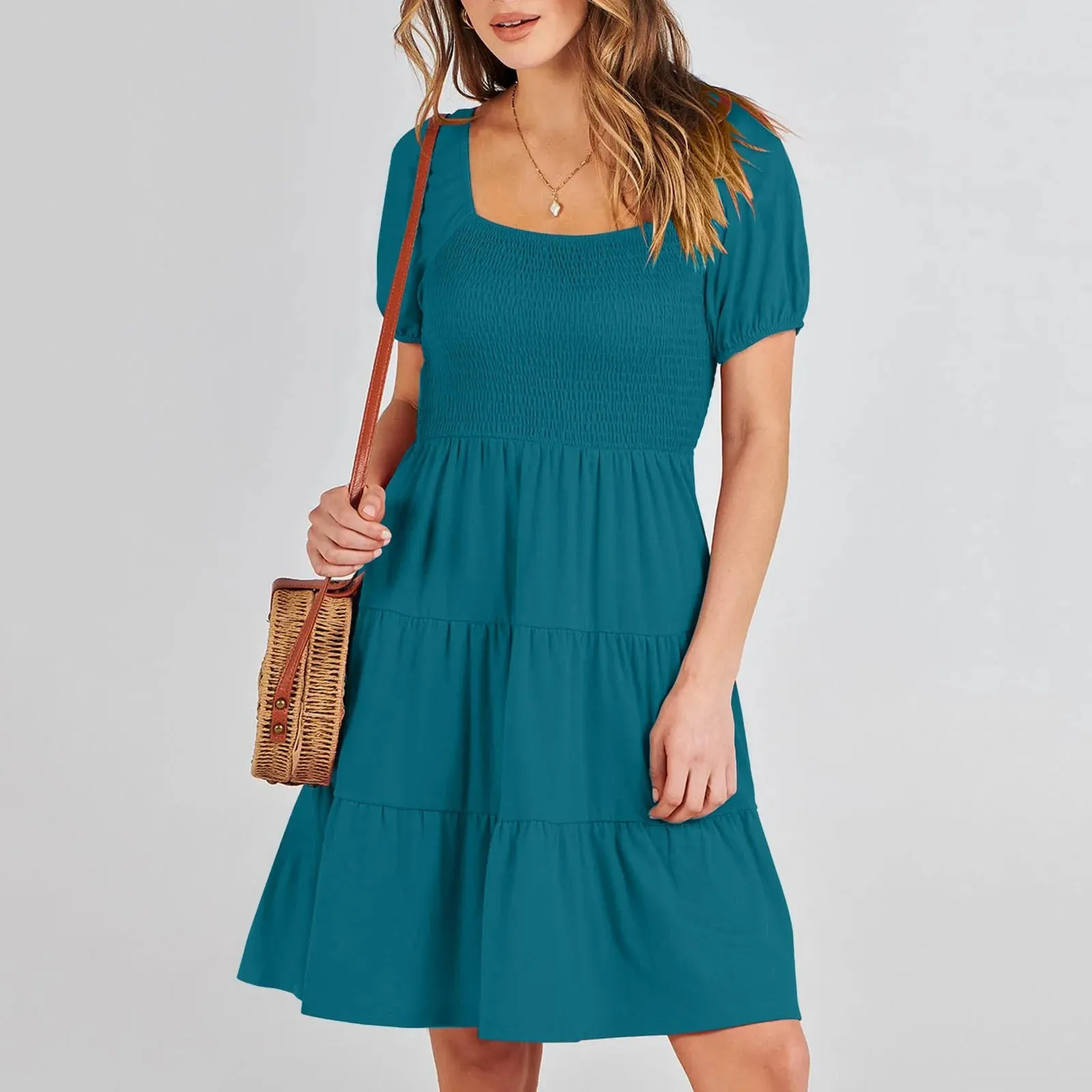 Color Short Sleeve Cotton Square Neck Evening Plus Size Trendy Casual Solid Dress