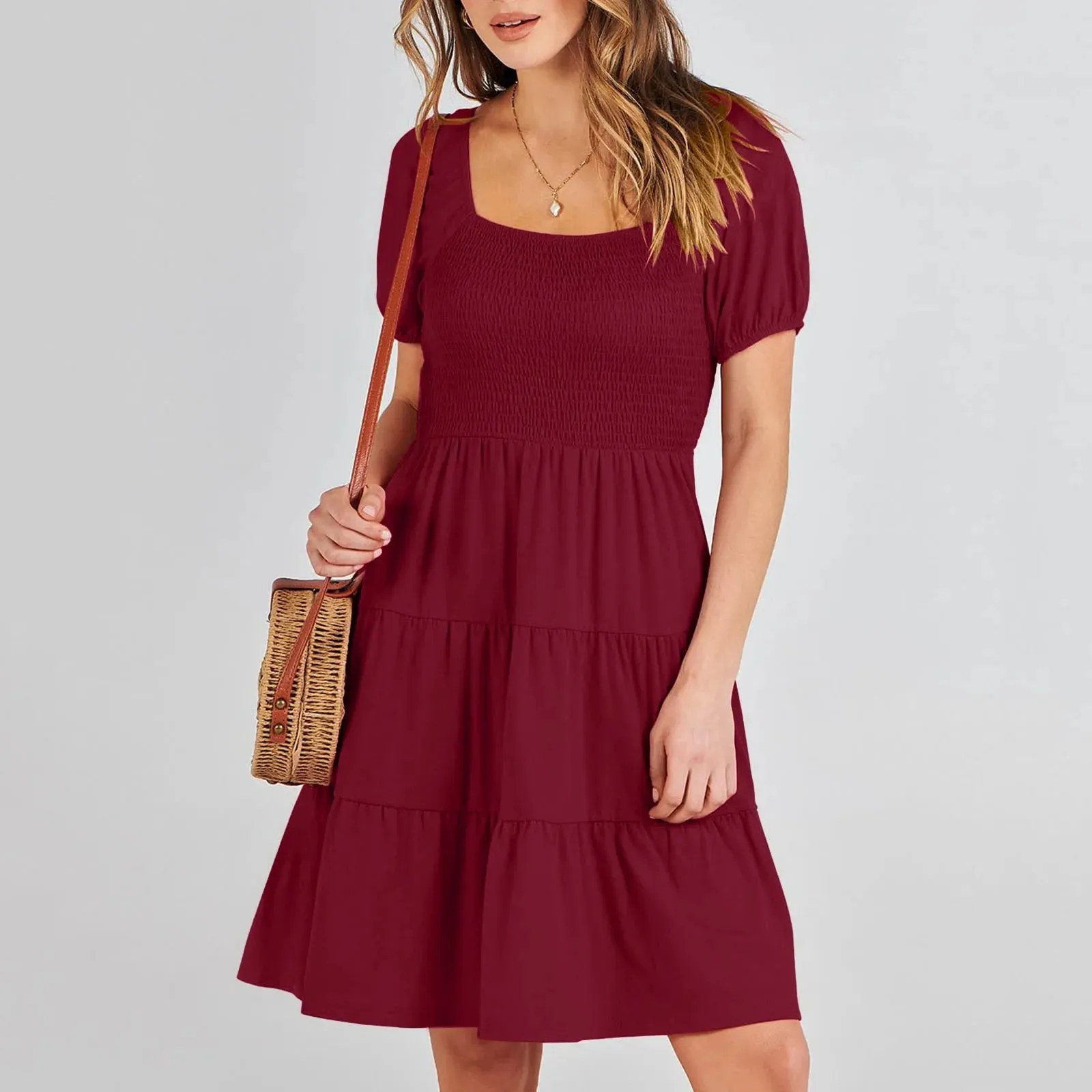 Color Short Sleeve Cotton Square Neck Evening Plus Size Trendy Casual Solid Dress