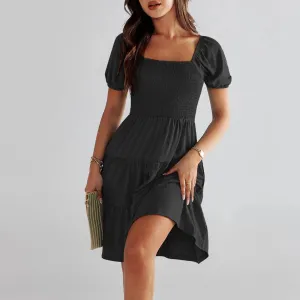 Color Short Sleeve Cotton Square Neck Evening Plus Size Trendy Casual Solid Dress