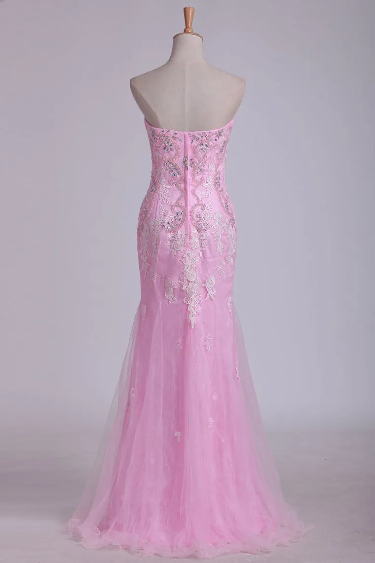 Column Strapless With Beading And Applique Prom Dresses Sweep Train