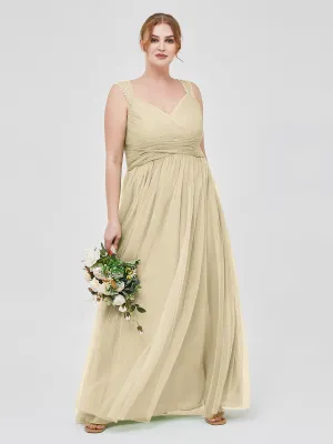 Cross-Pleated Tulle Long Dresses with Beaded Straps Champagne Plus Size