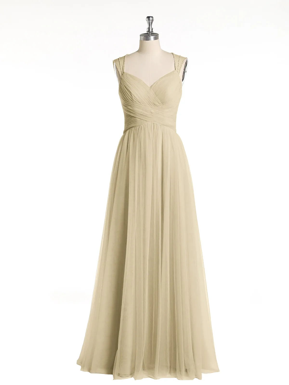 Cross-Pleated Tulle Long Dresses with Beaded Straps Champagne Plus Size