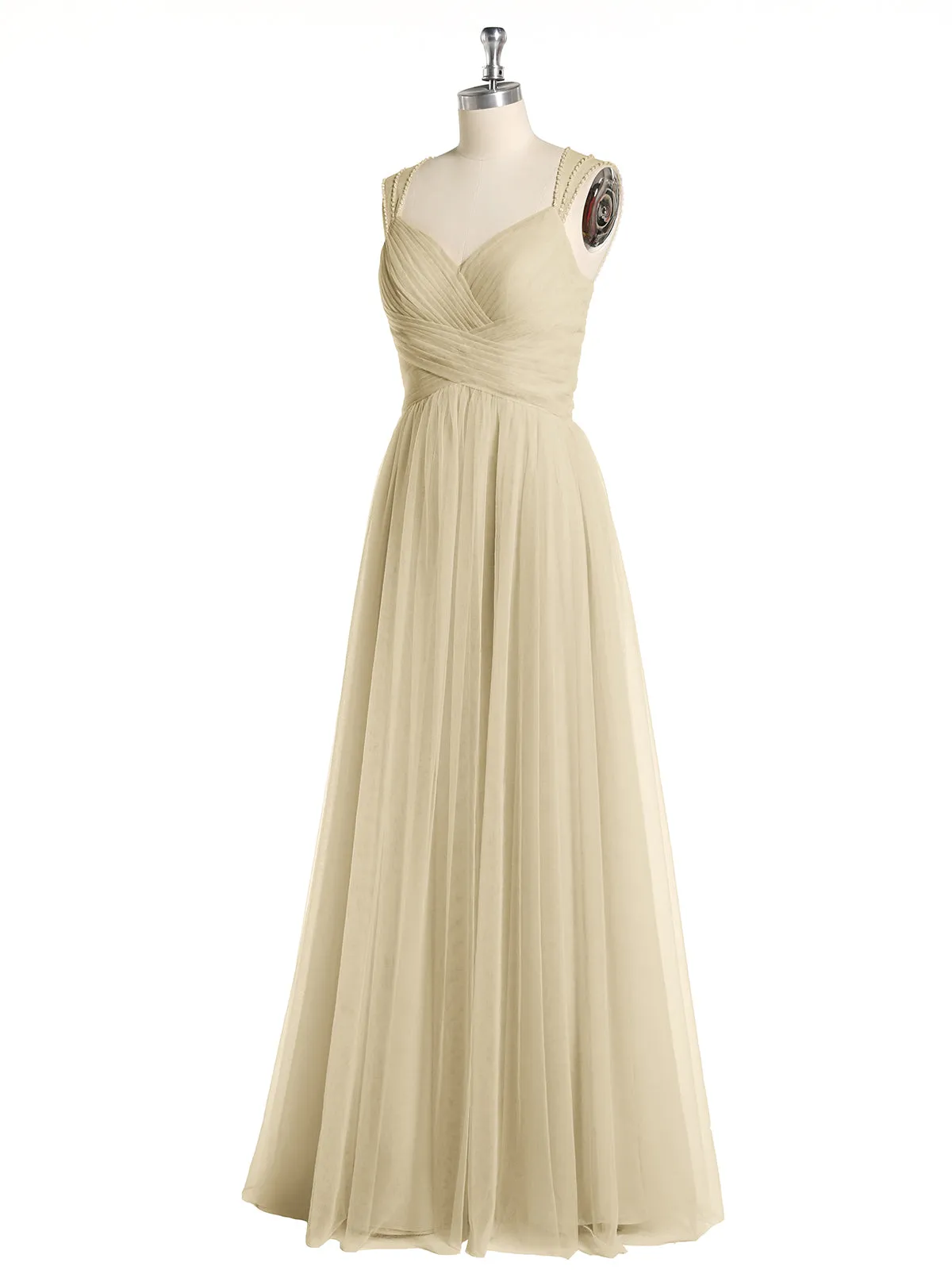 Cross-Pleated Tulle Long Dresses with Beaded Straps Champagne Plus Size