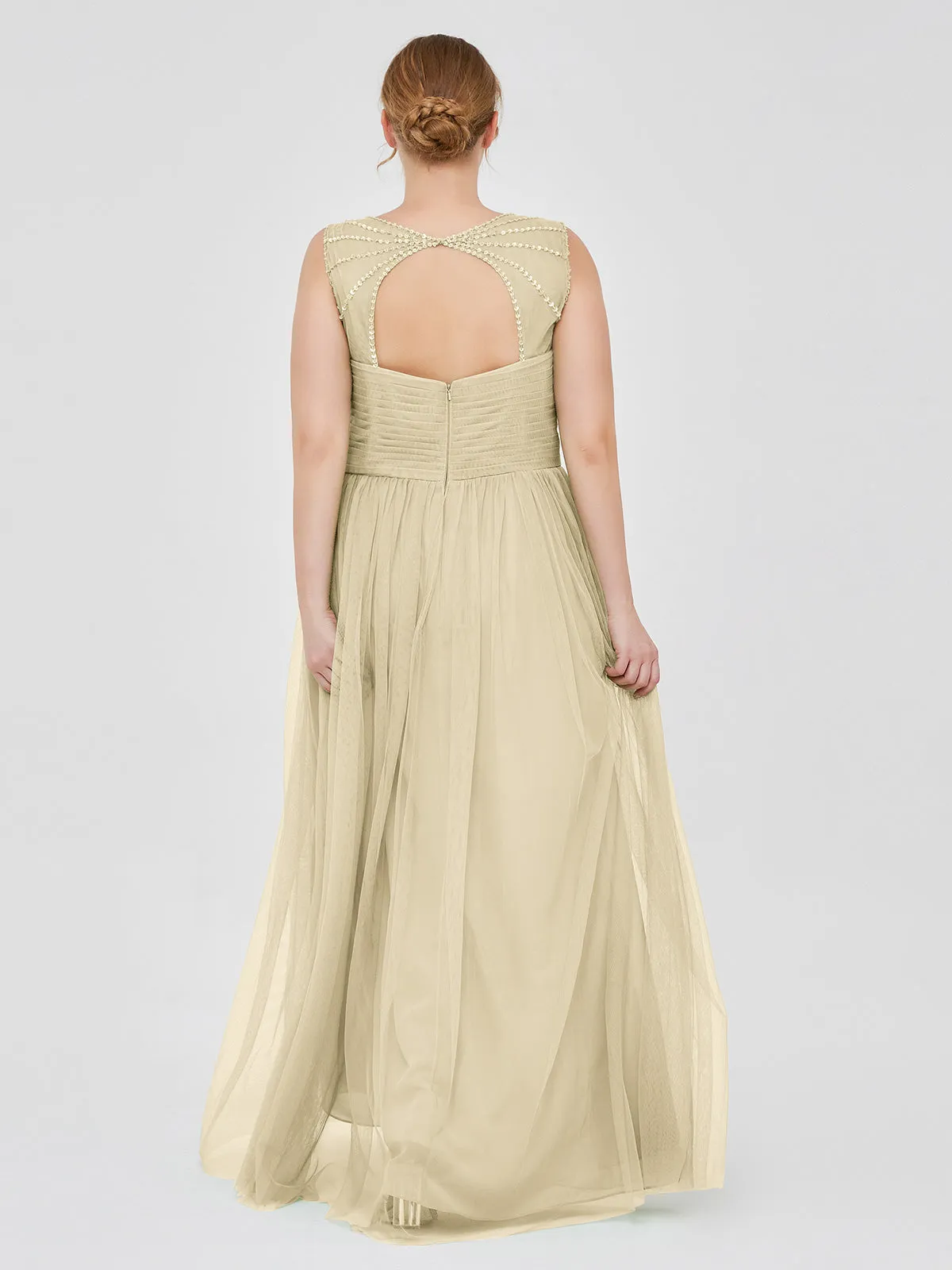 Cross-Pleated Tulle Long Dresses with Beaded Straps Champagne Plus Size