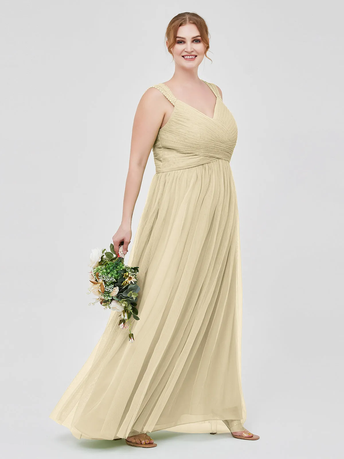 Cross-Pleated Tulle Long Dresses with Beaded Straps Champagne Plus Size