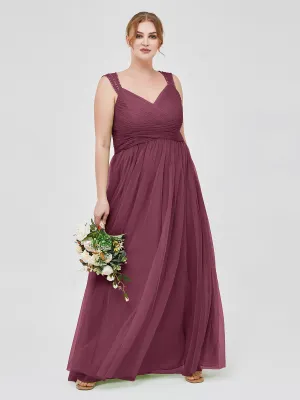 Cross-Pleated Tulle Long Dresses with Beaded Straps Mulberry Plus Size