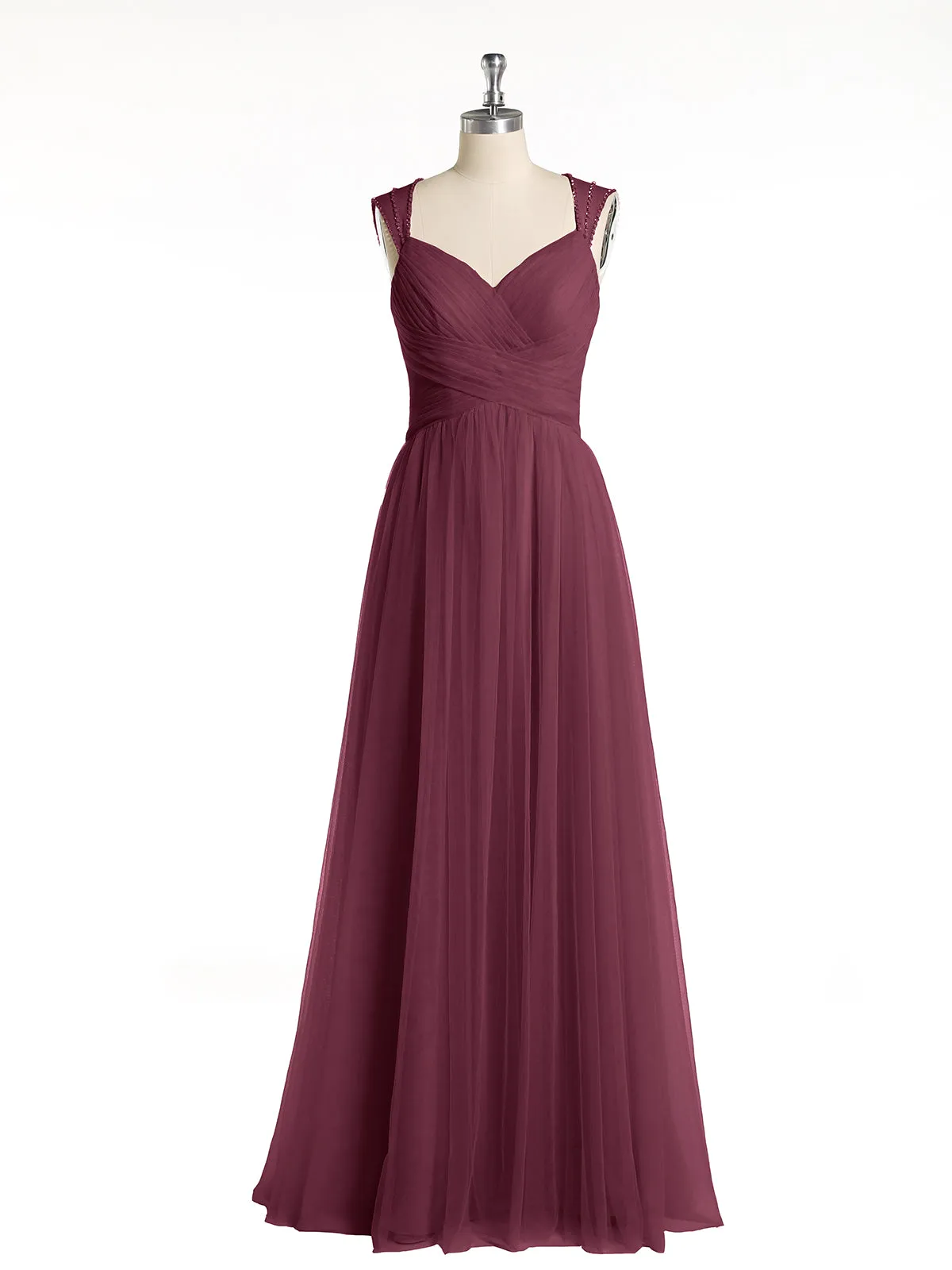 Cross-Pleated Tulle Long Dresses with Beaded Straps Mulberry Plus Size