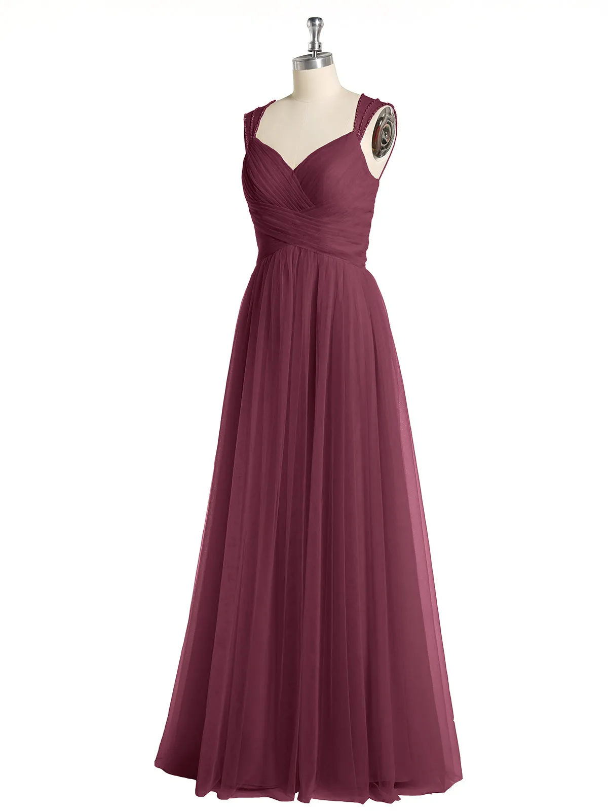 Cross-Pleated Tulle Long Dresses with Beaded Straps Mulberry Plus Size