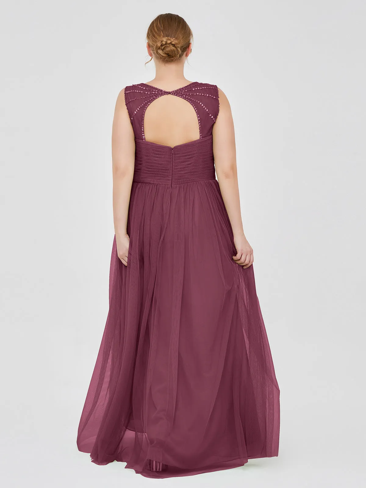 Cross-Pleated Tulle Long Dresses with Beaded Straps Mulberry Plus Size