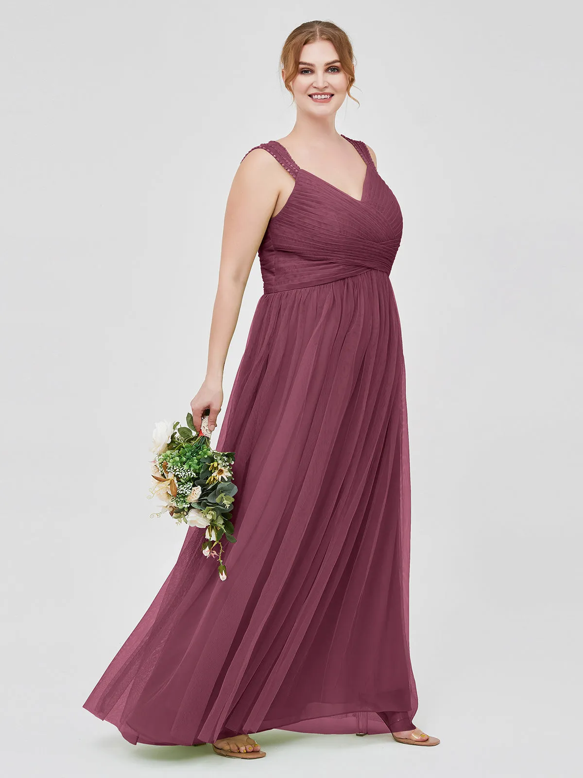 Cross-Pleated Tulle Long Dresses with Beaded Straps Mulberry Plus Size