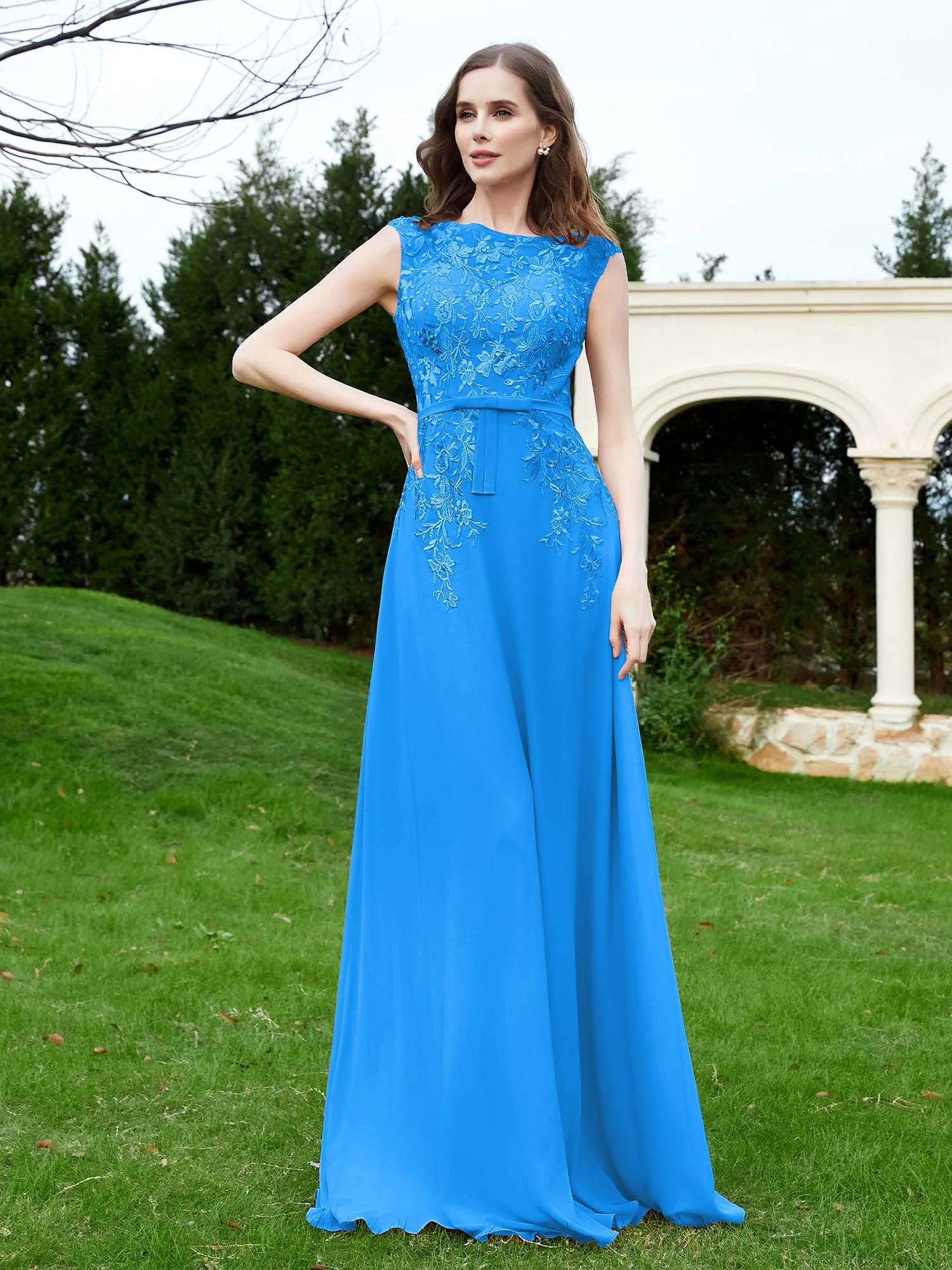 Elegant Illusion Lace Appliqued Dress With Buttons Ocean Blue Plus Size