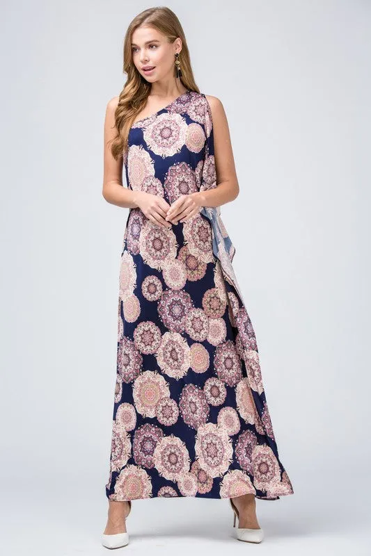 Elegant One Shoulder Maxi Dress - Navy