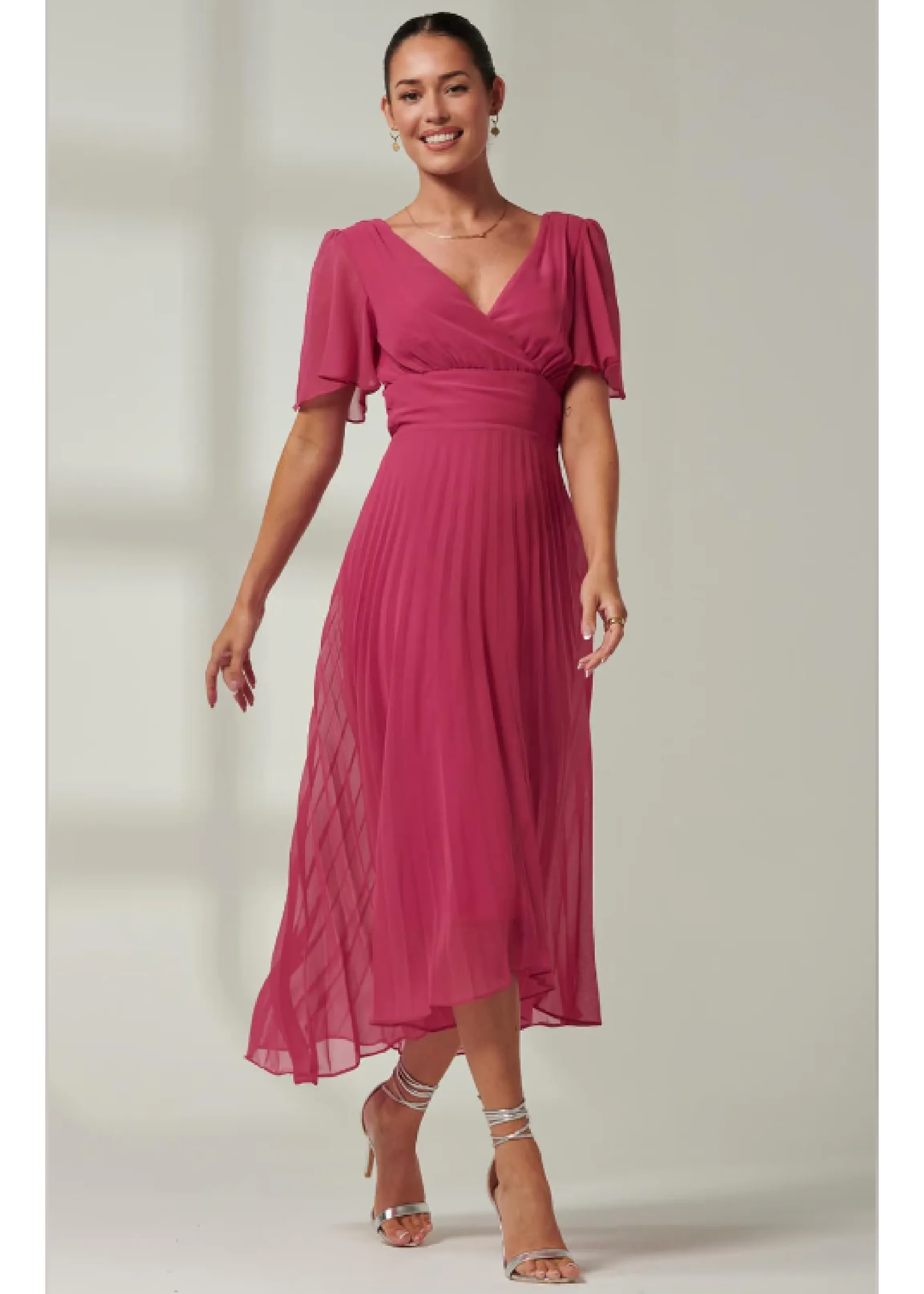 Elene Fuchsia Pleated Chiffon Maxi Dress