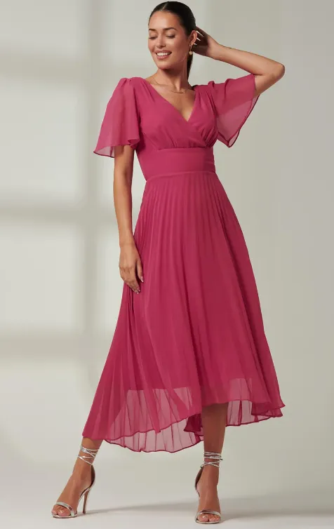 Elene Fuchsia Pleated Chiffon Maxi Dress