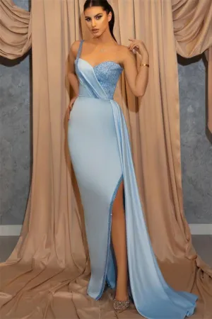 Ethereal Sky Blue Mermaid Evening Gown with Sequined One Shoulder and Split Detail