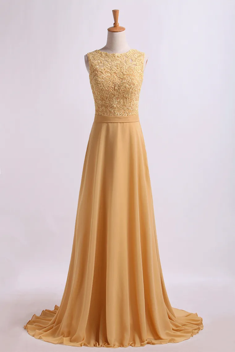 Exquisite Prom Dresses Scoop A Line Lace & Chiffon