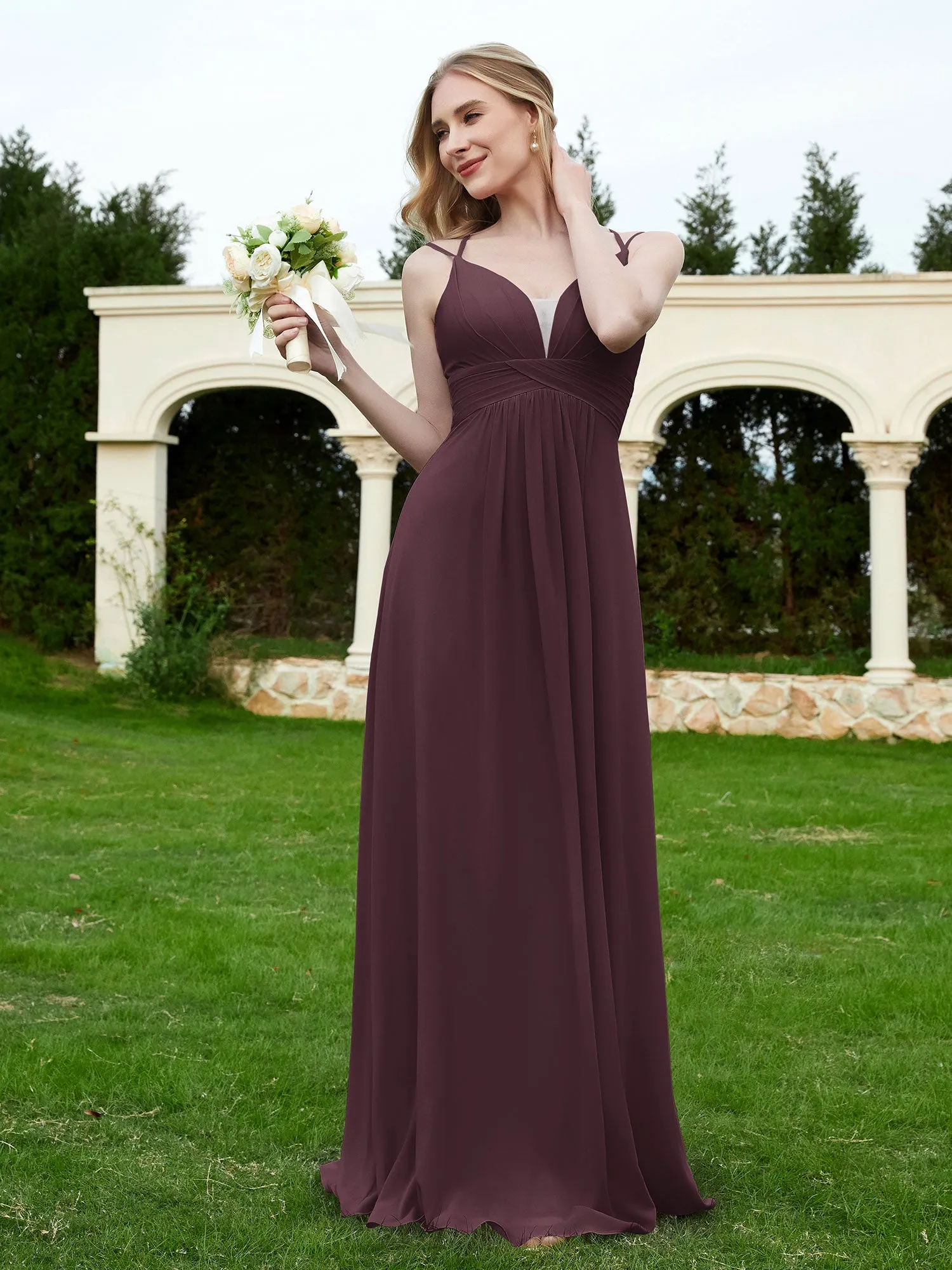 Floor Length V Neck Chiffon Bridesmaid Gown Cabernet