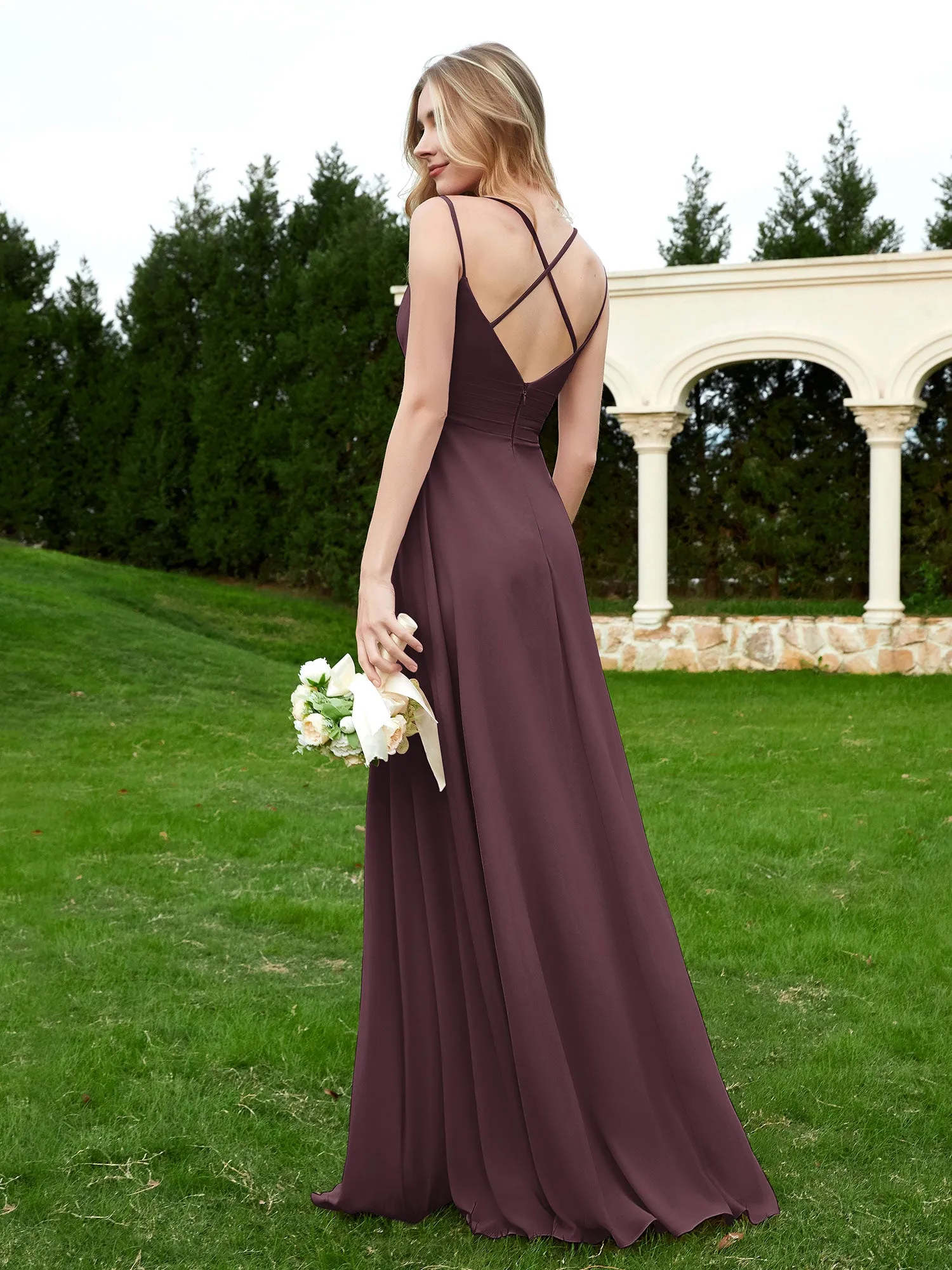 Floor Length V Neck Chiffon Bridesmaid Gown Cabernet