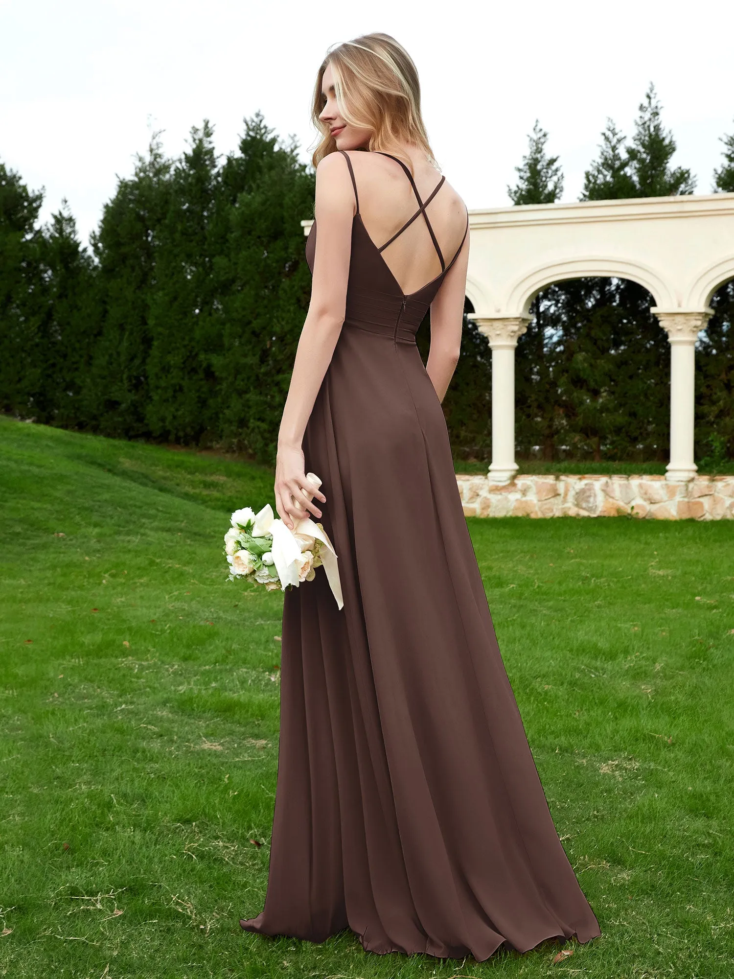 Floor Length V Neck Chiffon Bridesmaid Gown Chocolate Plus Size