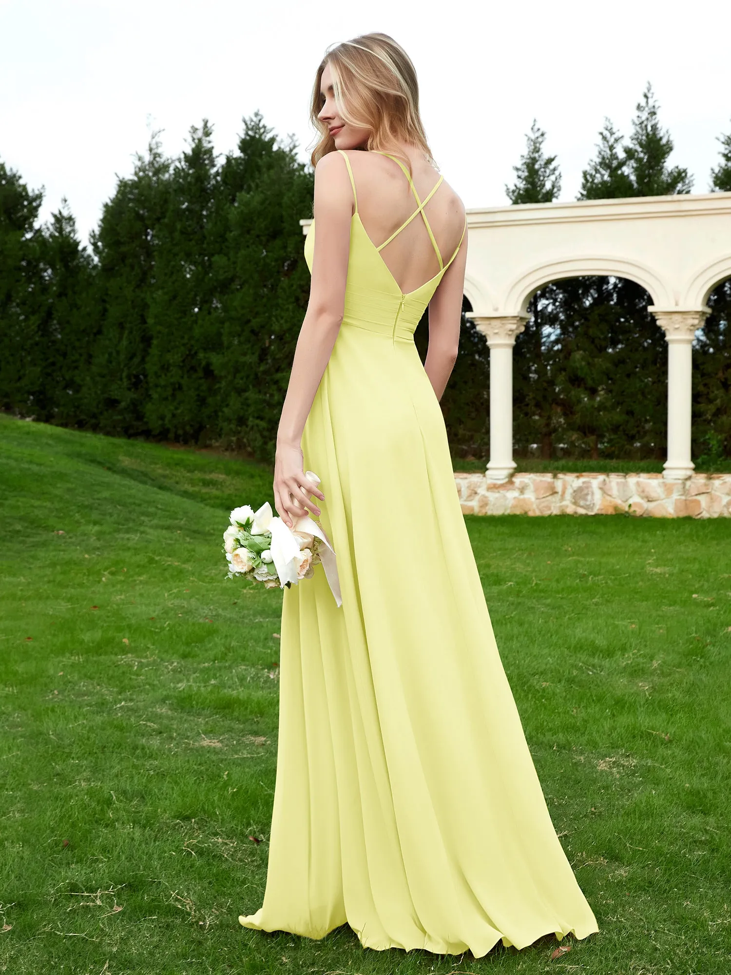 Floor Length V Neck Chiffon Bridesmaid Gown Daffodil Plus Size