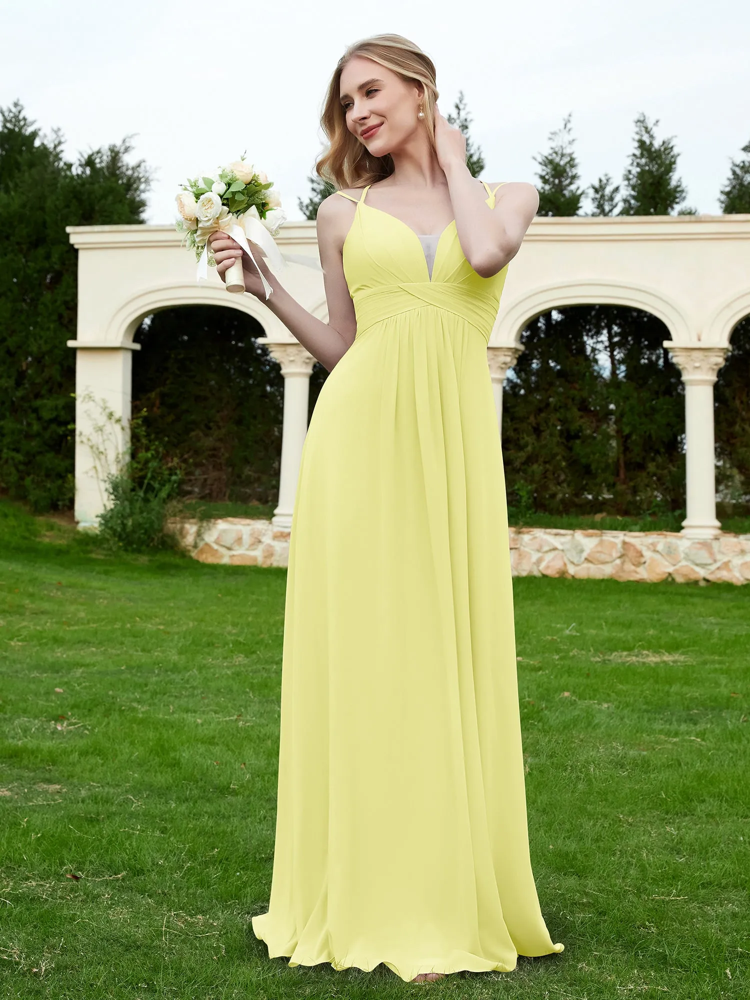 Floor Length V Neck Chiffon Bridesmaid Gown Daffodil Plus Size