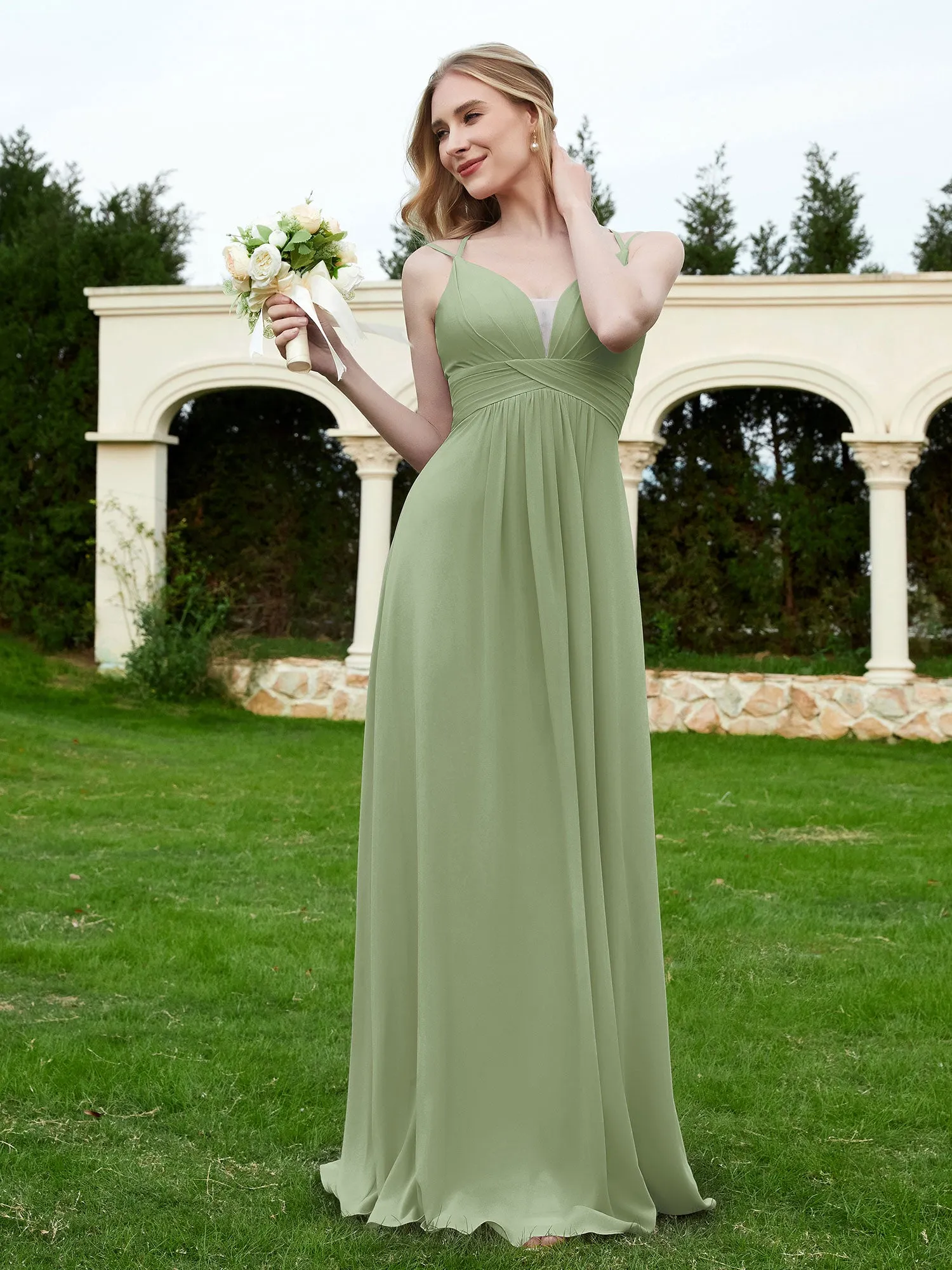 Floor Length V Neck Chiffon Bridesmaid Gown Dusty Sage