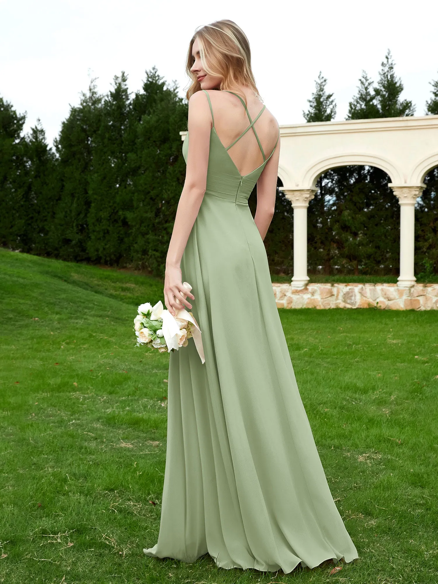 Floor Length V Neck Chiffon Bridesmaid Gown Dusty Sage