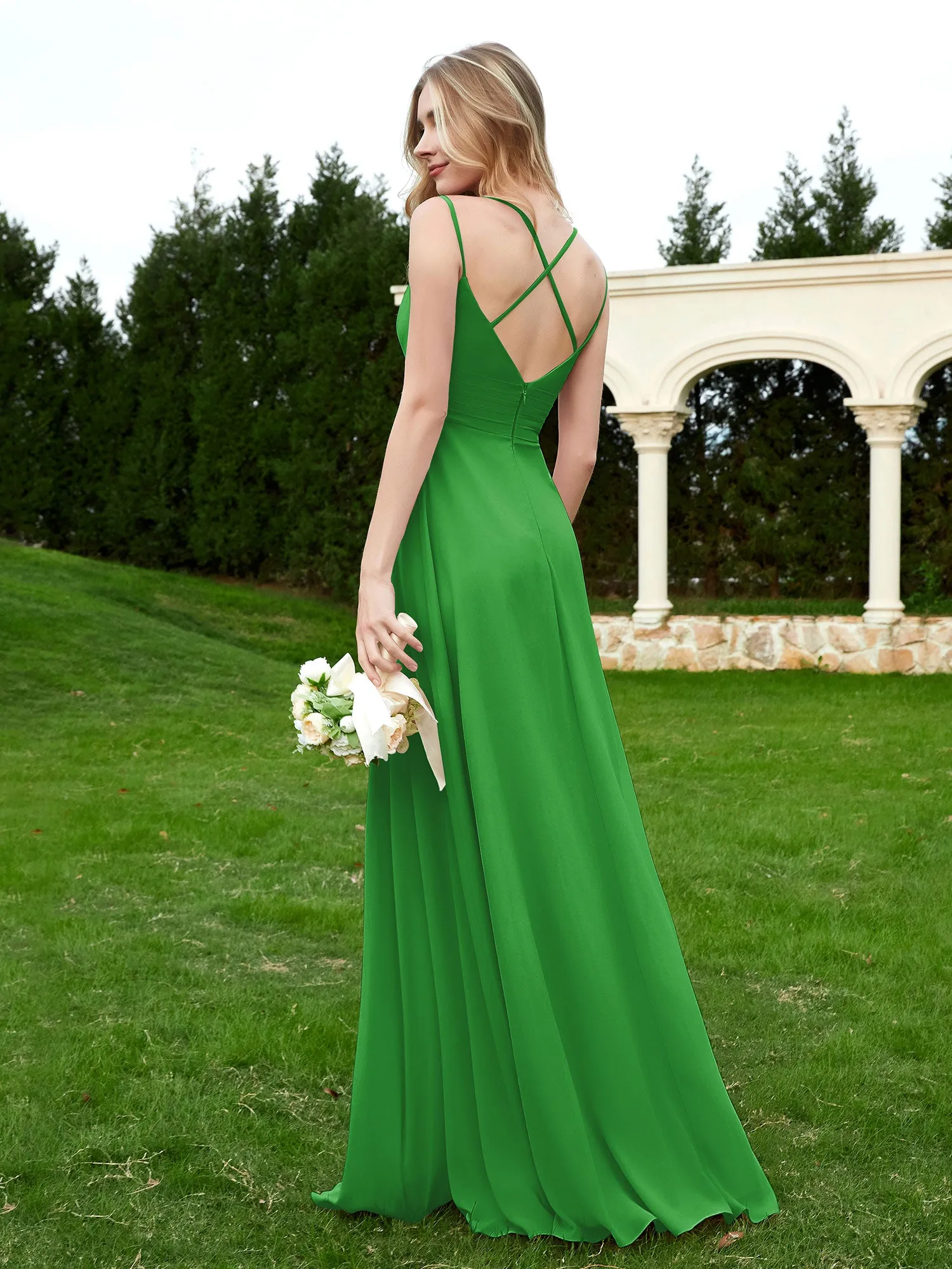 Floor Length V Neck Chiffon Bridesmaid Gown Green Plus Size