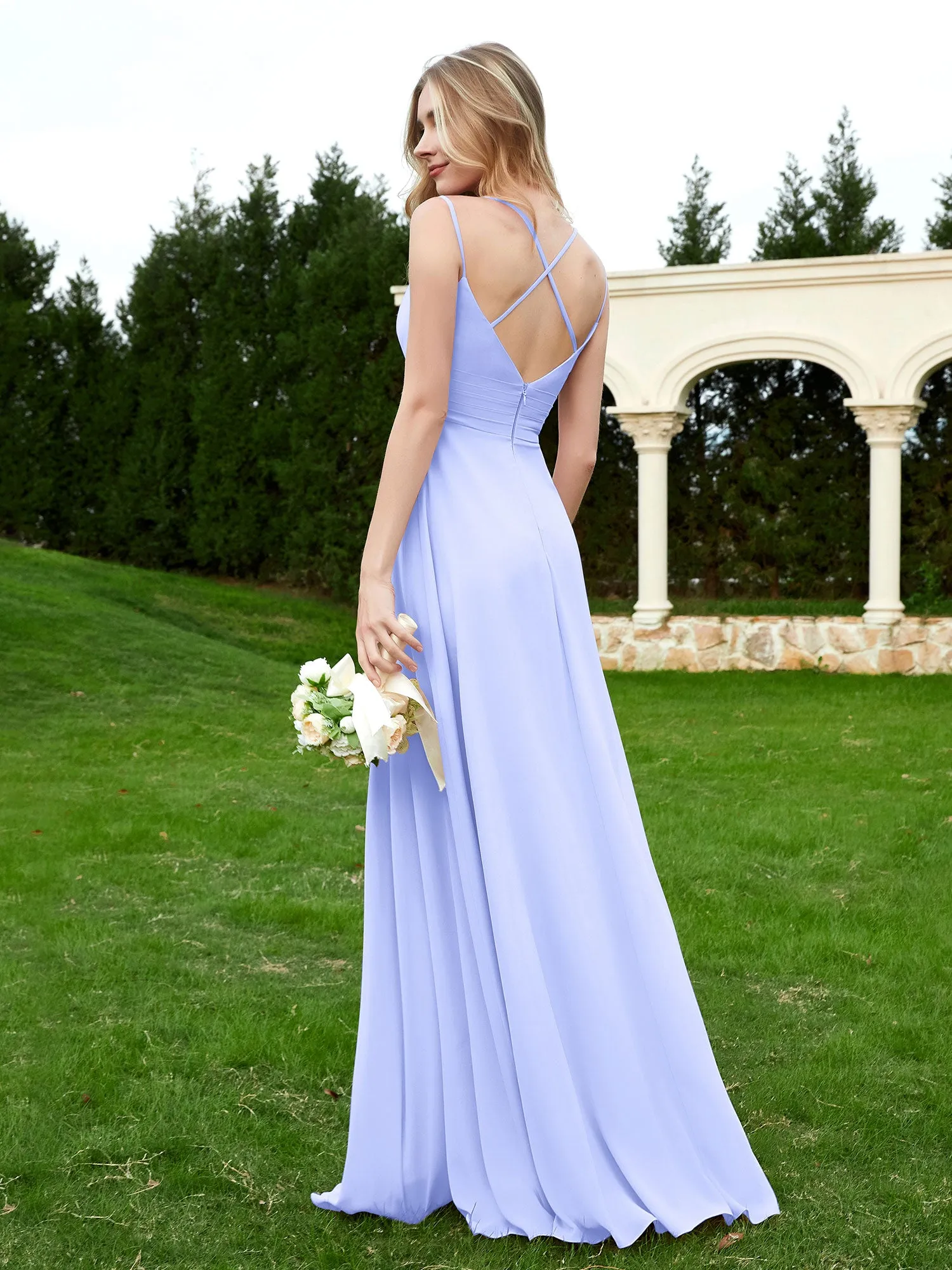 Floor Length V Neck Chiffon Bridesmaid Gown Lavender Plus Size