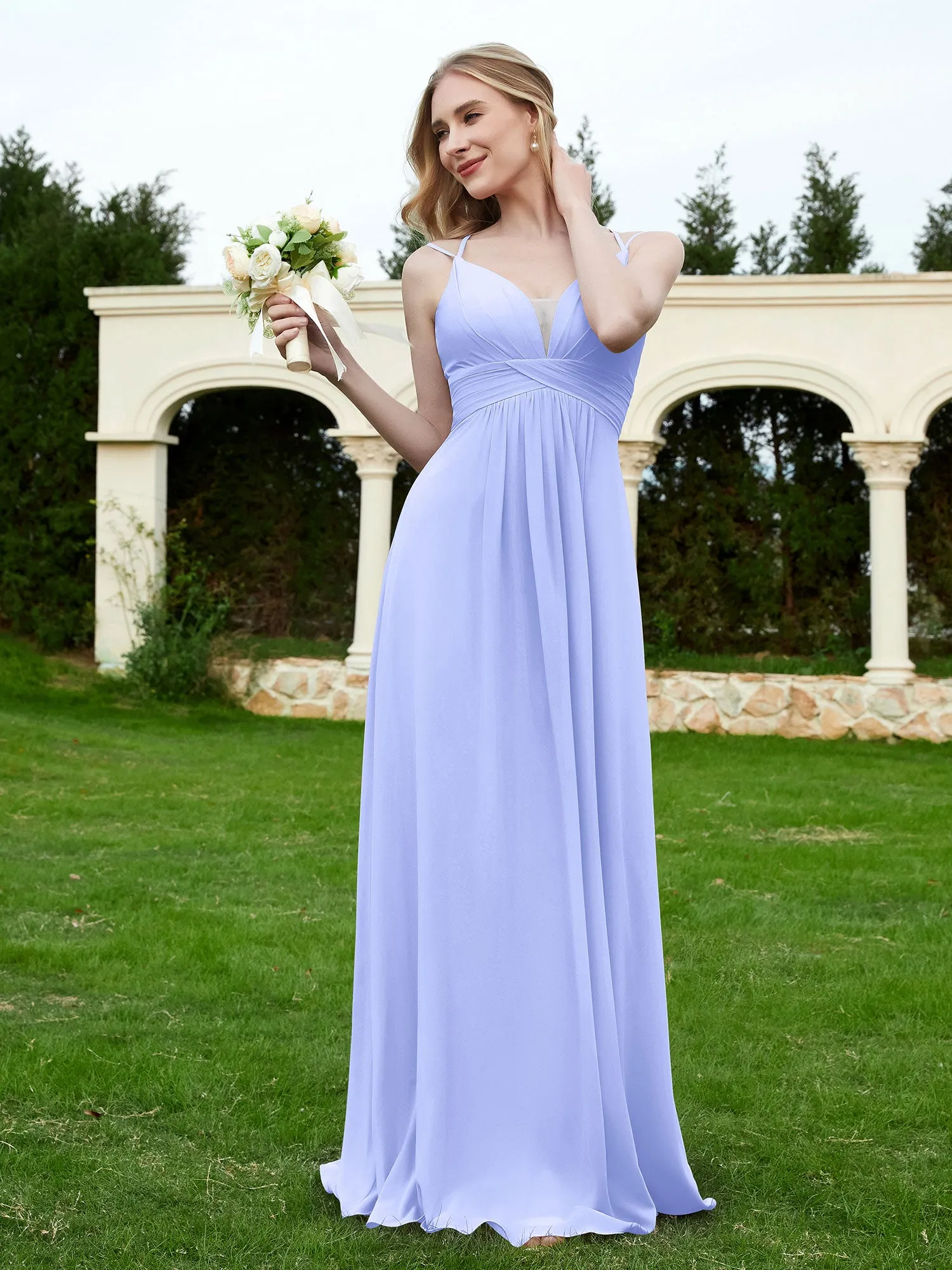 Floor Length V Neck Chiffon Bridesmaid Gown Lavender Plus Size