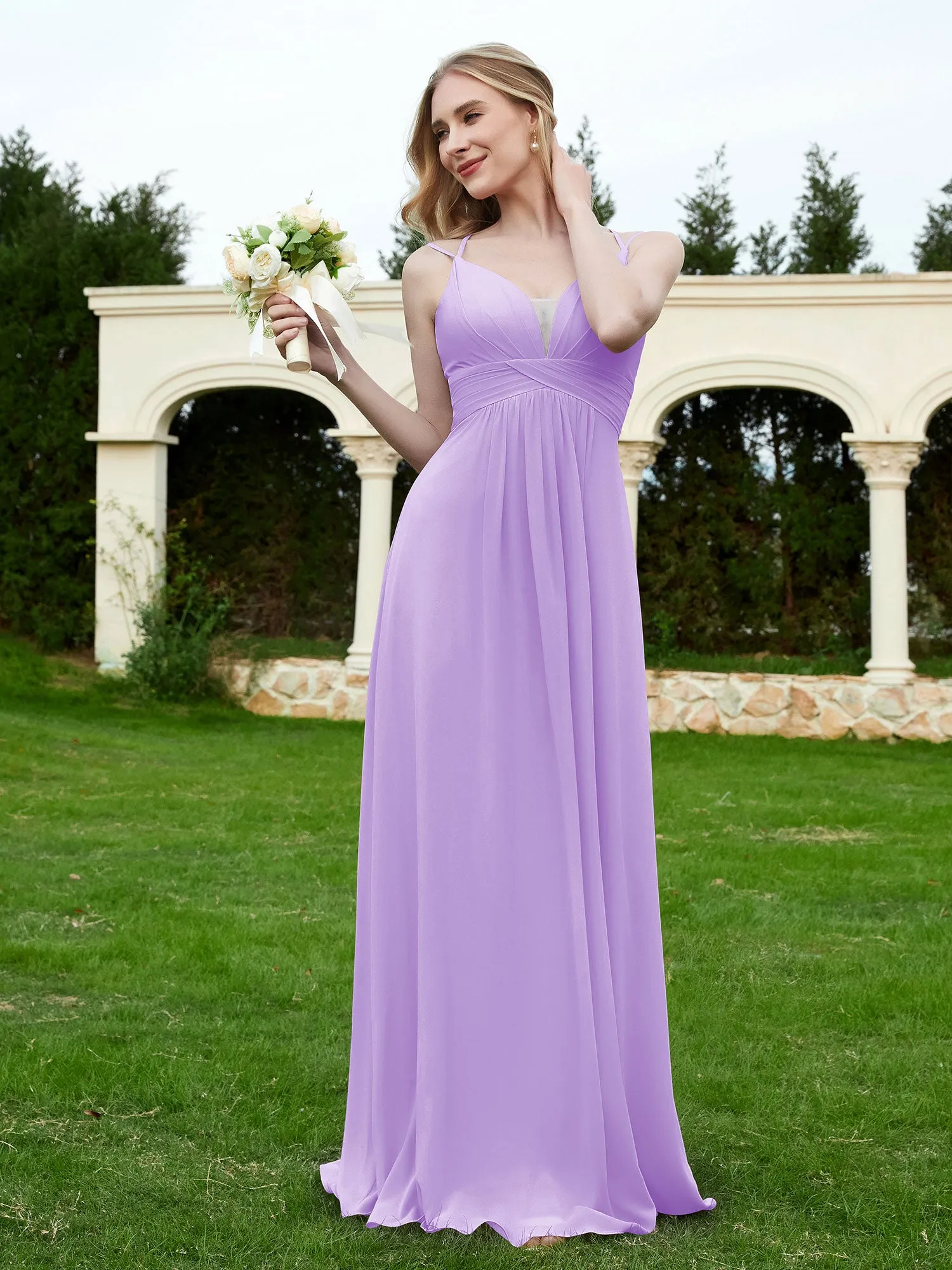 Floor Length V Neck Chiffon Bridesmaid Gown Lilac Plus Size